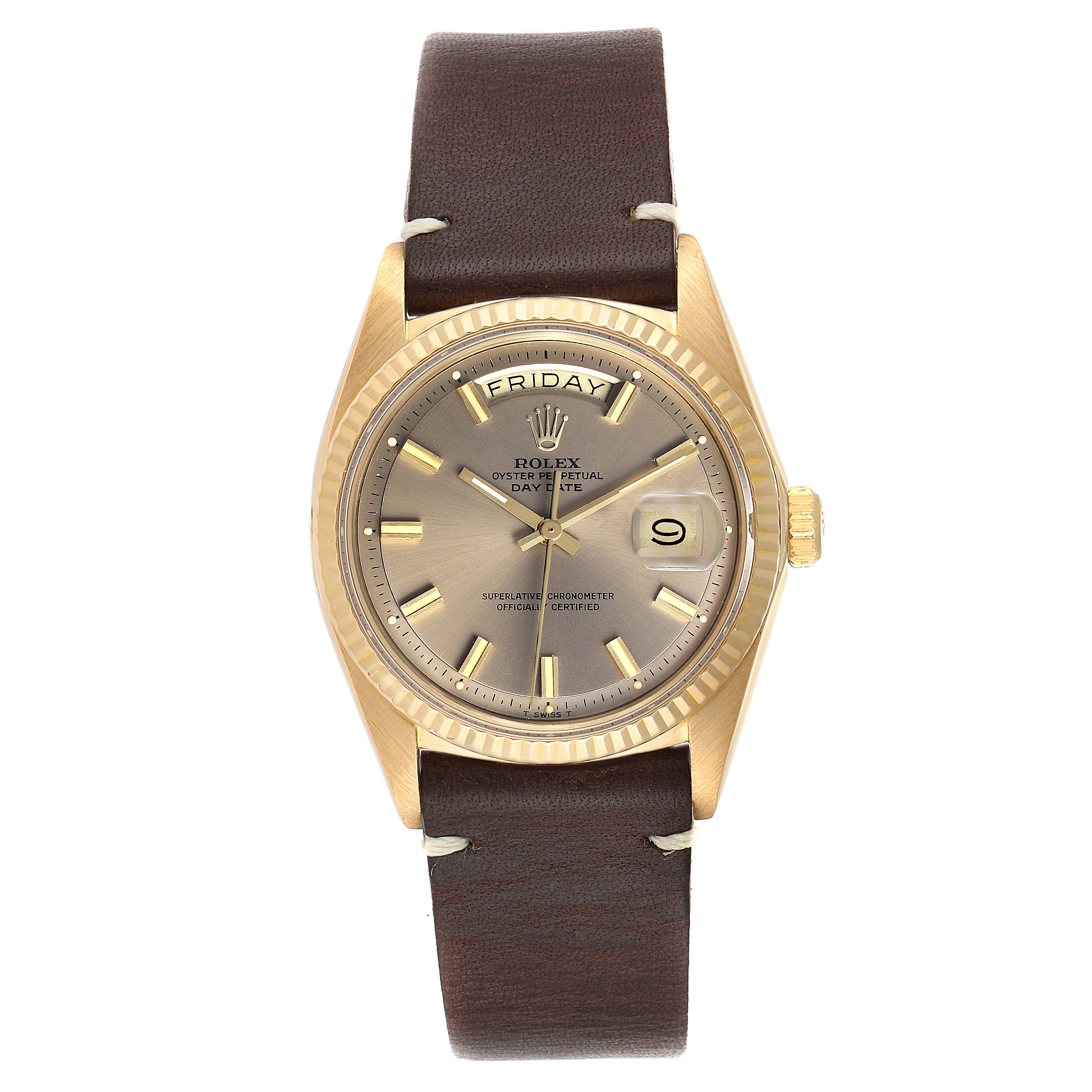 This image shows a frontal view of the Rolex President 1803 Men
s Yellow Gold Silver Dial 1803 Men
s Yellow Gold Silver Dial model watch, including its face, bezel, and leather strap.