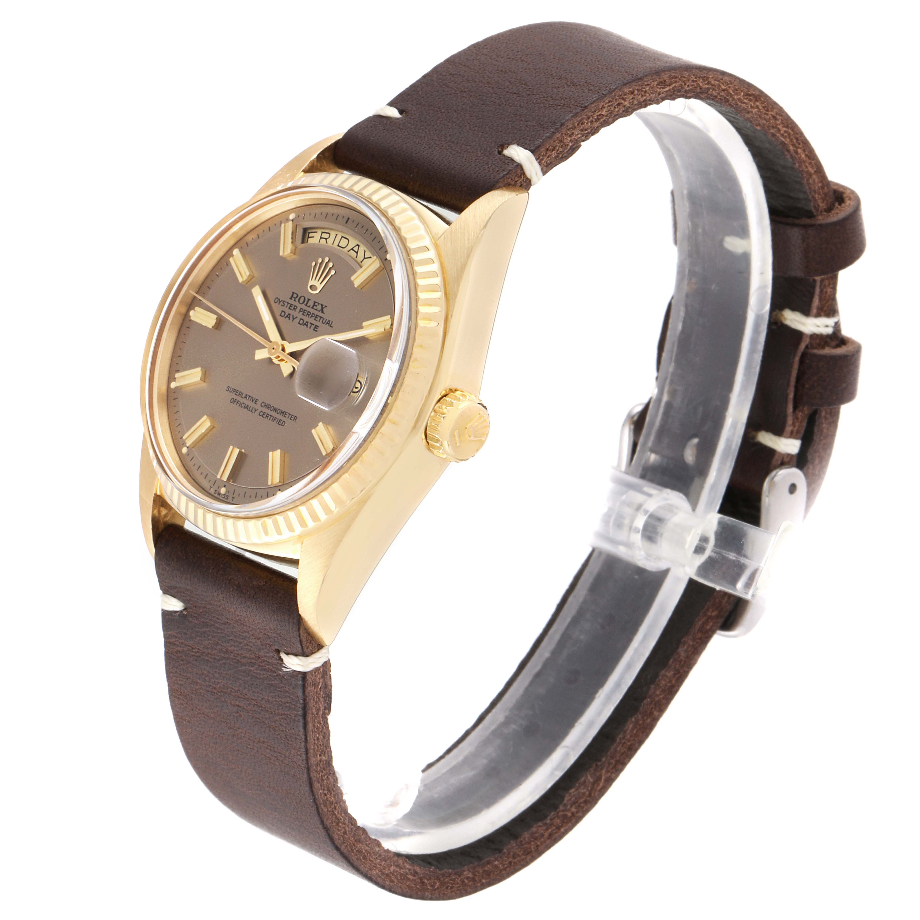 The Rolex President 1803 Men
s Yellow Gold Silver Dial 1803 Men
s Yellow Gold Silver Dial watch model is shown at an angle, highlighting its gold case, brown leather band, and detailed dial.