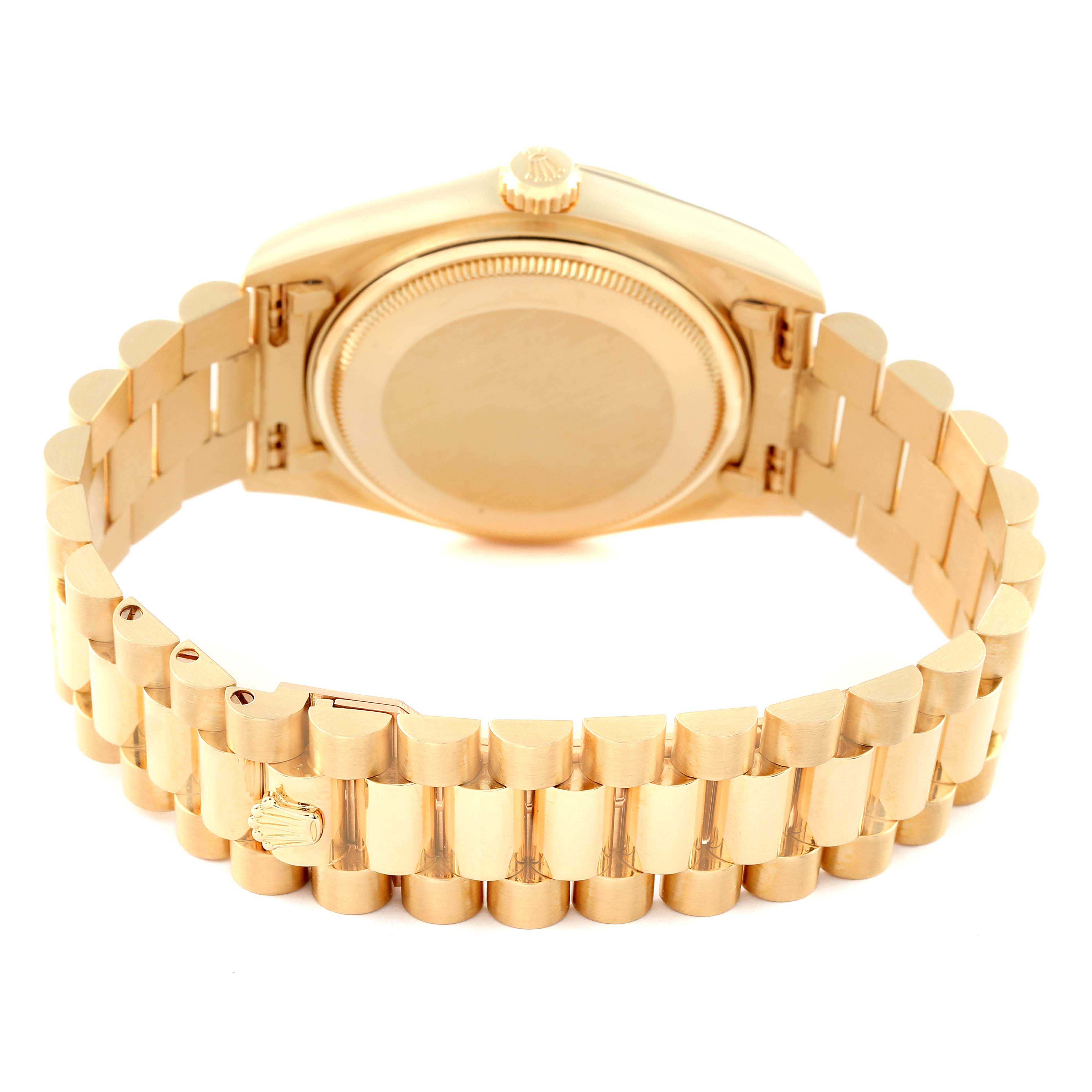 This image shows the back case and bracelet of a Rolex President 18038 Men
s Yellow Gold Champagne Dial 18038 Men
s Yellow Gold Champagne Dial model watch from a rear angle.