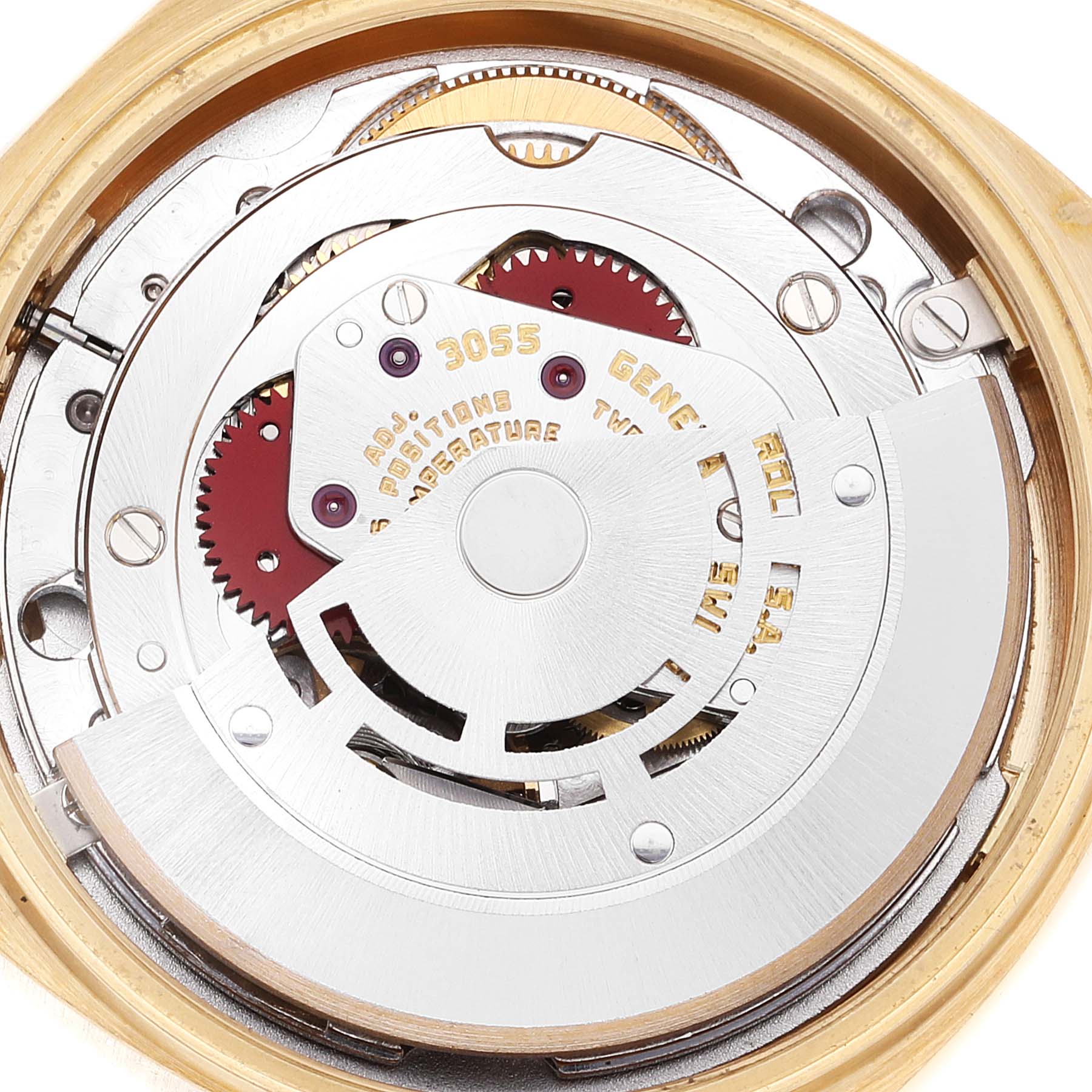 This is a close-up view of the internal movement mechanism of a Rolex President 18038 Men
s Yellow Gold Champagne Dial 18038 Men
s Yellow Gold Champagne Dial model watch.