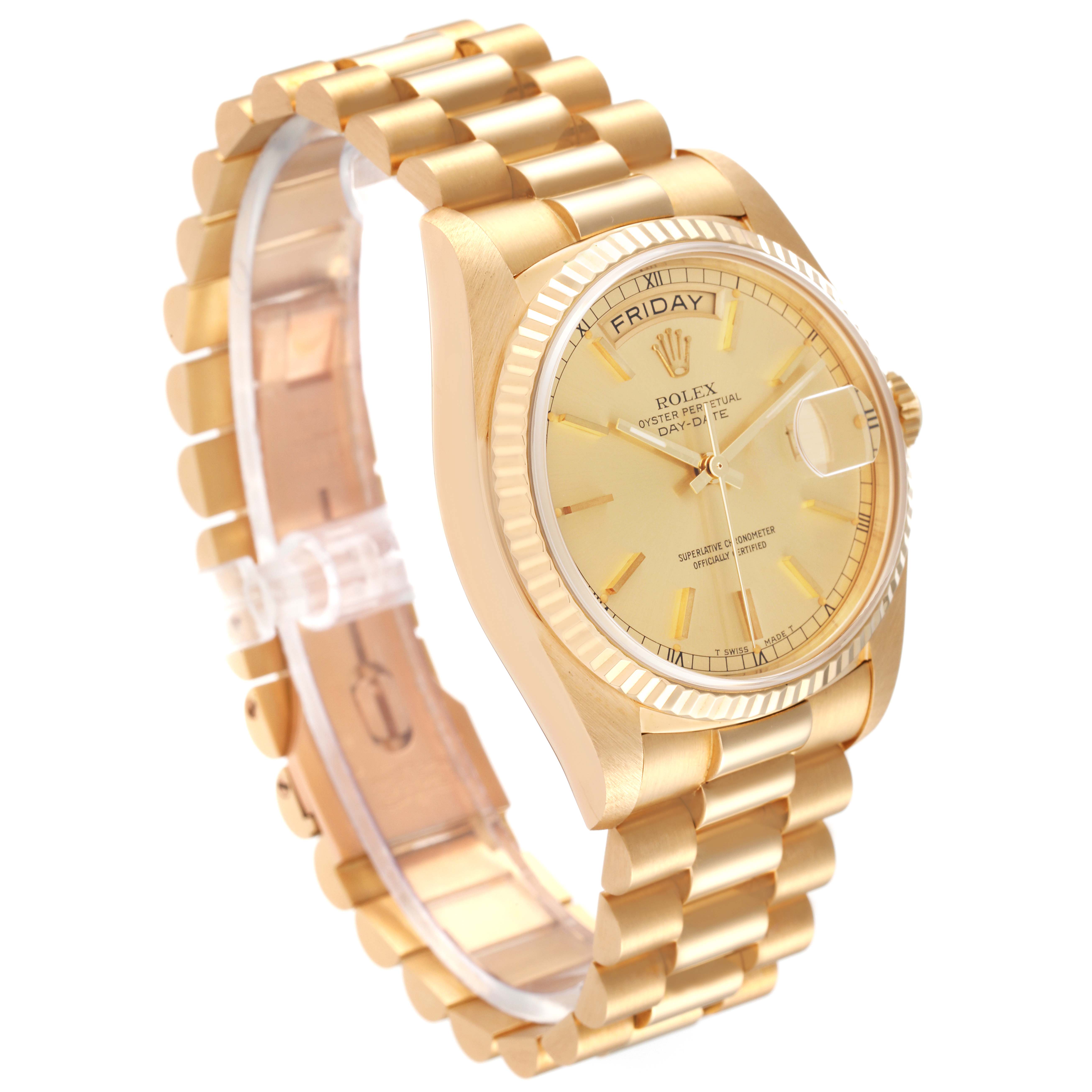 The image shows a side and front angle of a Rolex President 18038 Men
s Yellow Gold Champagne Dial 18038 Men
s Yellow Gold Champagne Dial model watch, highlighting the dial, bezel, and bracelet.