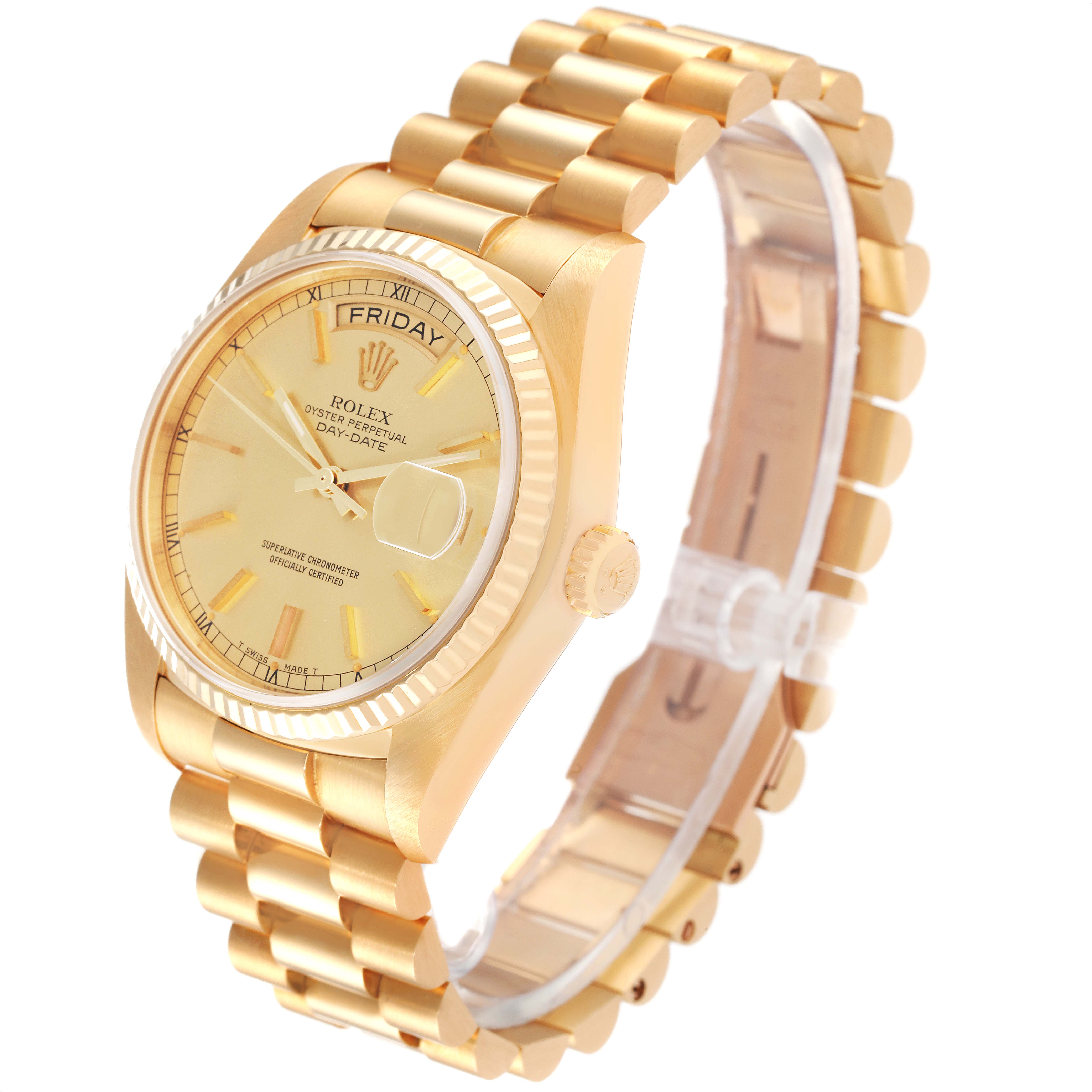 The image shows a Rolex President 18038 Men
s Yellow Gold Champagne Dial 18038 Men
s Yellow Gold Champagne Dial model watch from an angled side view, highlighting its gold bezel, dial, and bracelet.