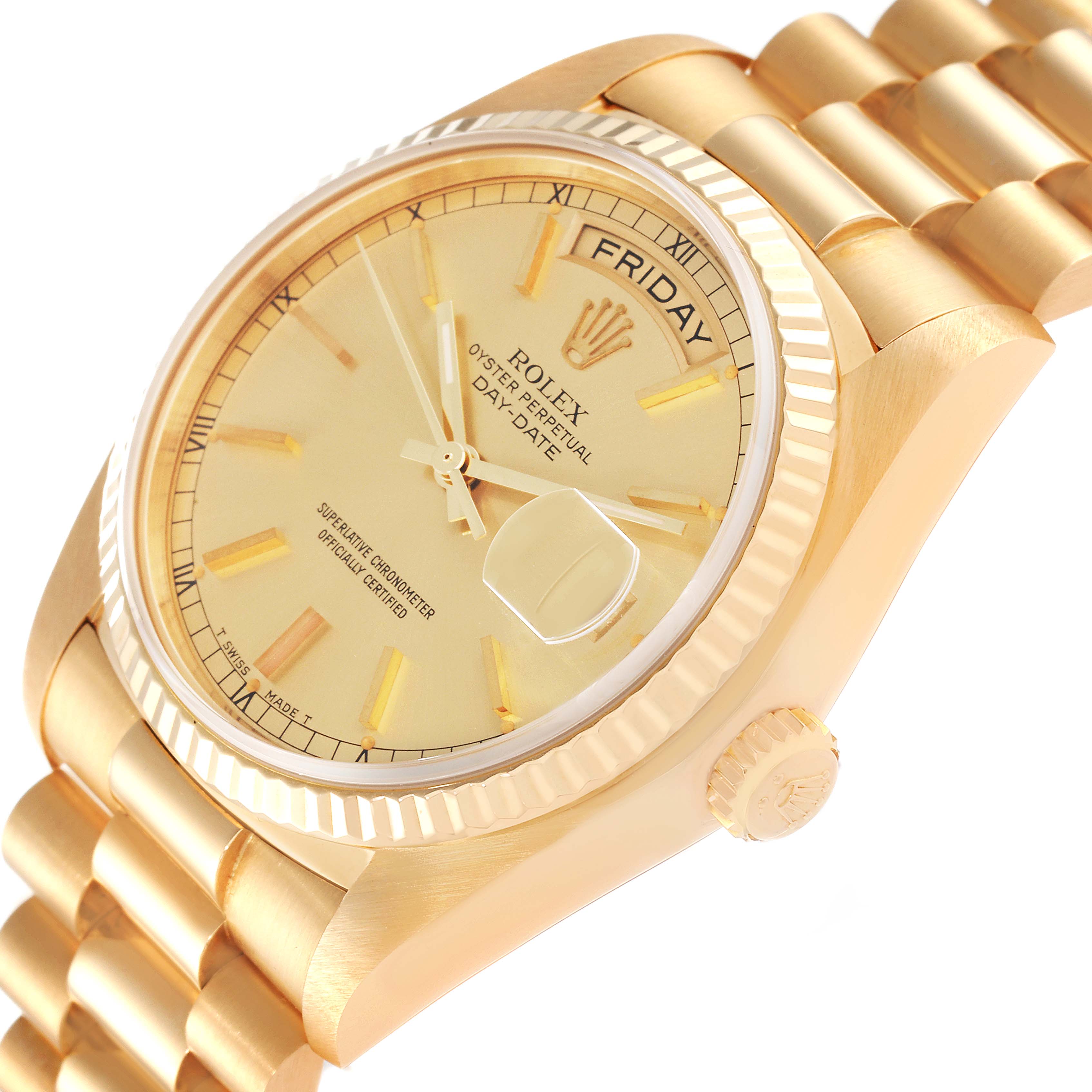 The Rolex President 18038 Men
s Yellow Gold Champagne Dial 18038 Men
s Yellow Gold Champagne Dial model watch is shown from an angled side view, displaying the face, crown, bezel, and part of the bracelet.