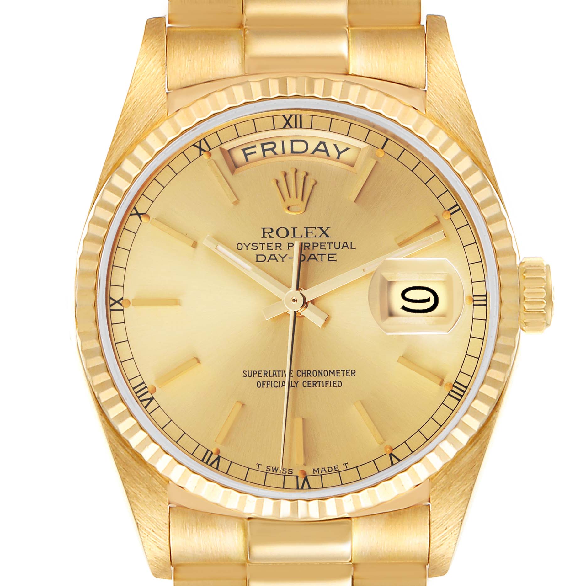 The Rolex President 18038 Men
s Yellow Gold Champagne Dial 18038 Men
s Yellow Gold Champagne Dial model is shown from a front angle, displaying the face, bezel, crown, and part of the bracelet.