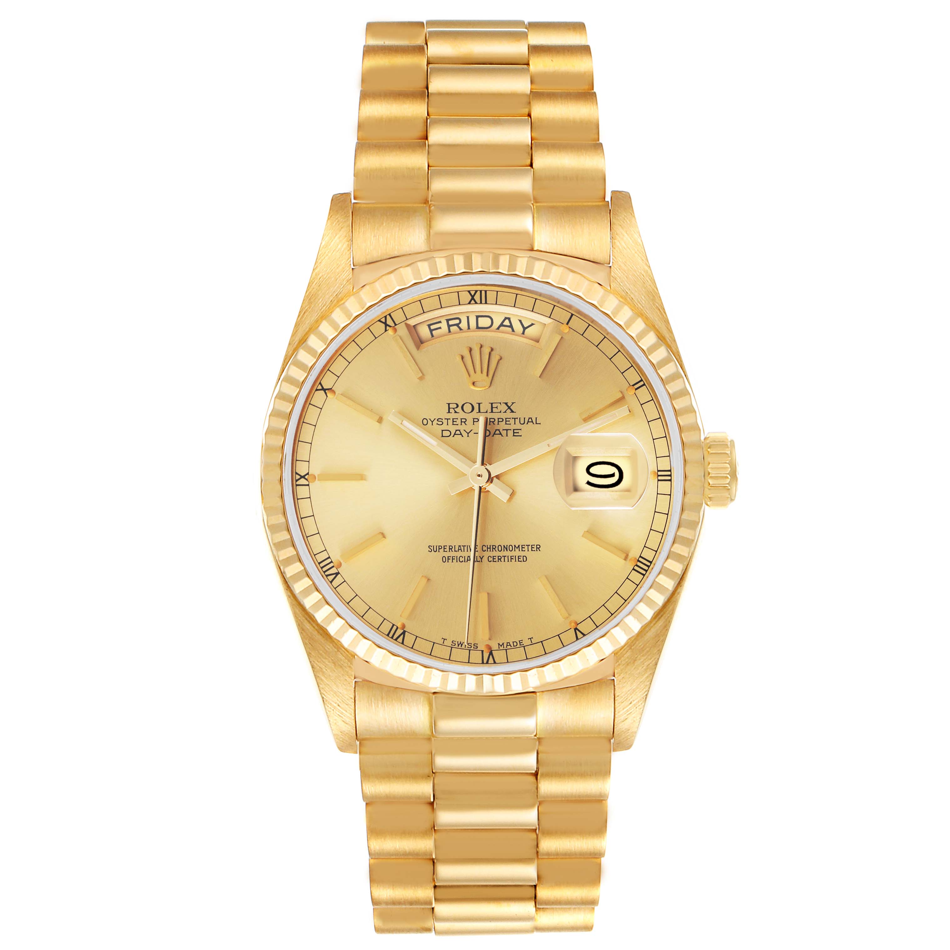 The watch shown is a Rolex President 18038 Men
s Yellow Gold Champagne Dial 18038 Men
s Yellow Gold Champagne Dial model, featuring a gold bracelet, gold fluted bezel, and a gold dial with day and date displays.