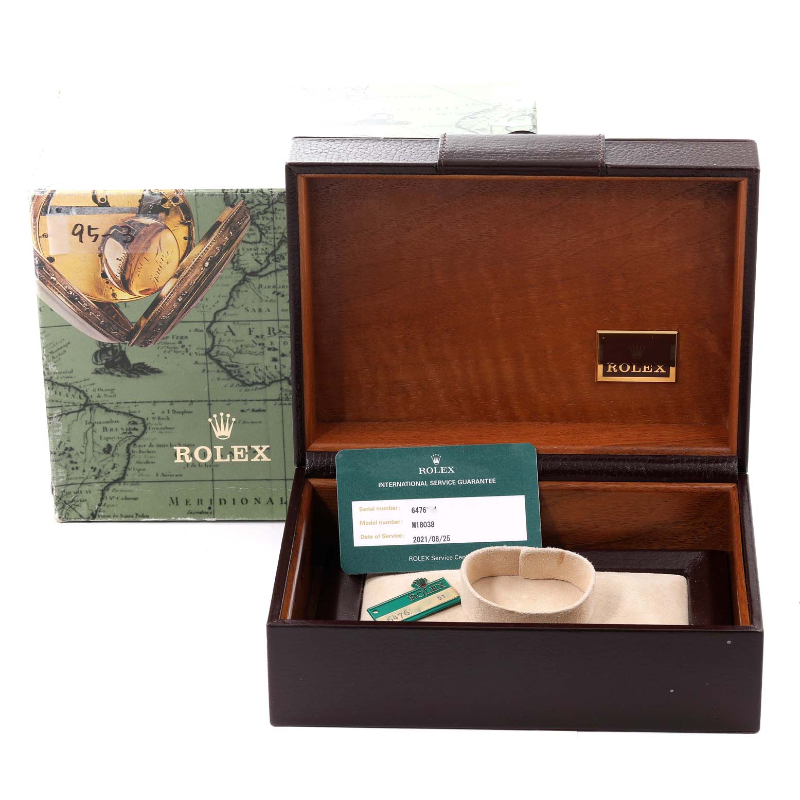 The image shows the box, warranty card, and accessories for a Rolex President 18038 Men
s Yellow Gold Champagne Dial 18038 Men
s Yellow Gold Champagne Dial model.
