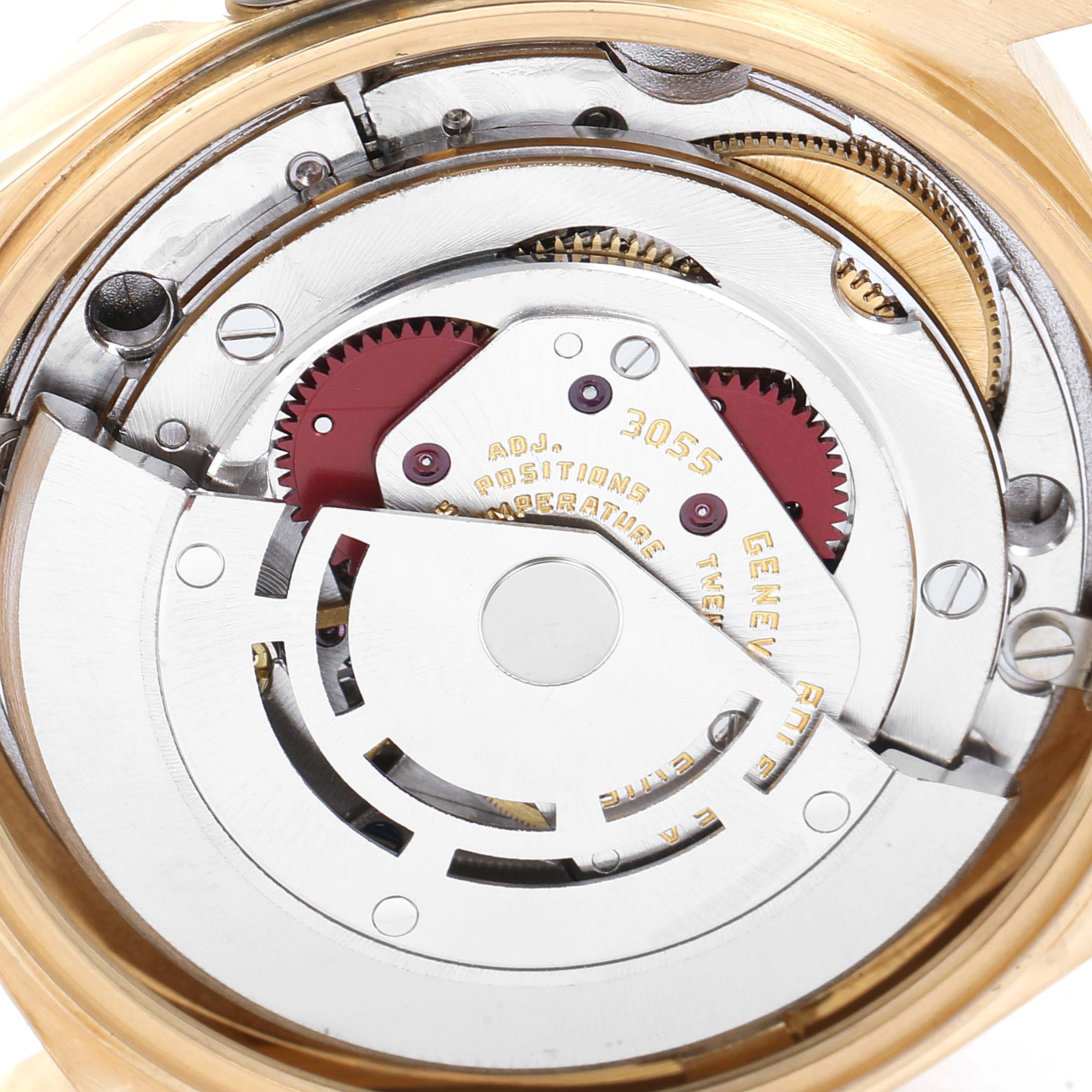 This image shows a close-up view of the internal mechanism of the Rolex President 18038 Men
s Yellow Gold Champagne Dial 18038 Men
s Yellow Gold Champagne Dial model watch.