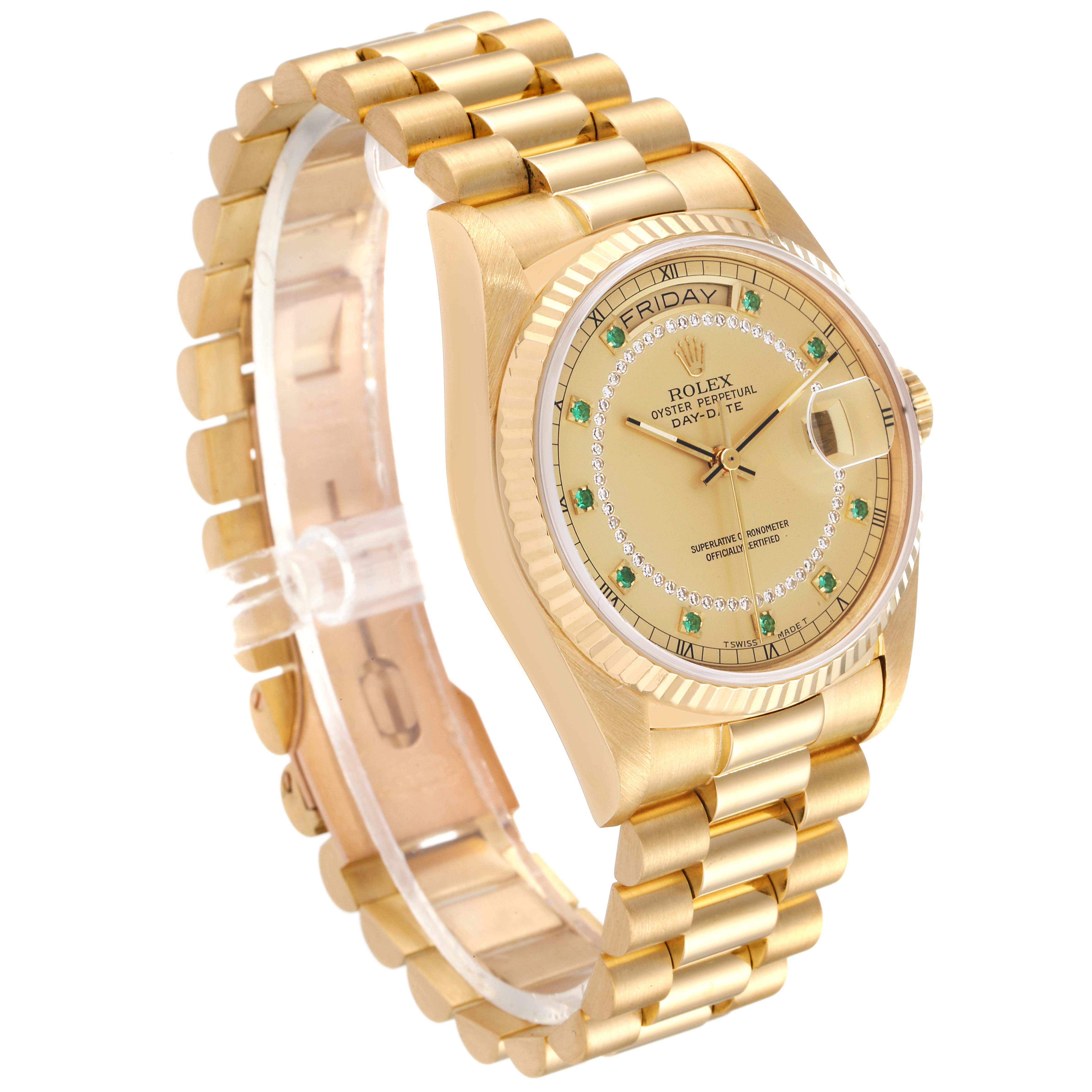 This image shows a side angle of the Rolex President 18038 Men
s Yellow Gold Champagne Dial 18038 Men
s Yellow Gold Champagne Dial model watch, highlighting its band, face, and bezel.