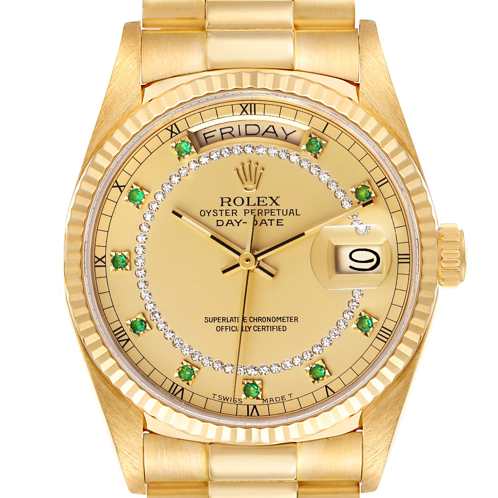 The image shows a front view of a Rolex President 18038 Men
s Yellow Gold Champagne Dial 18038 Men
s Yellow Gold Champagne Dial model watch, displaying the face, bezel, and bracelet.