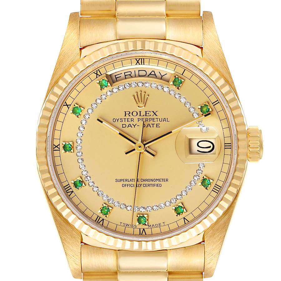 Rolex President Day-Date Yellow Gold String Emerald Diamond Dial Watch 18038 SwissWatchExpo
