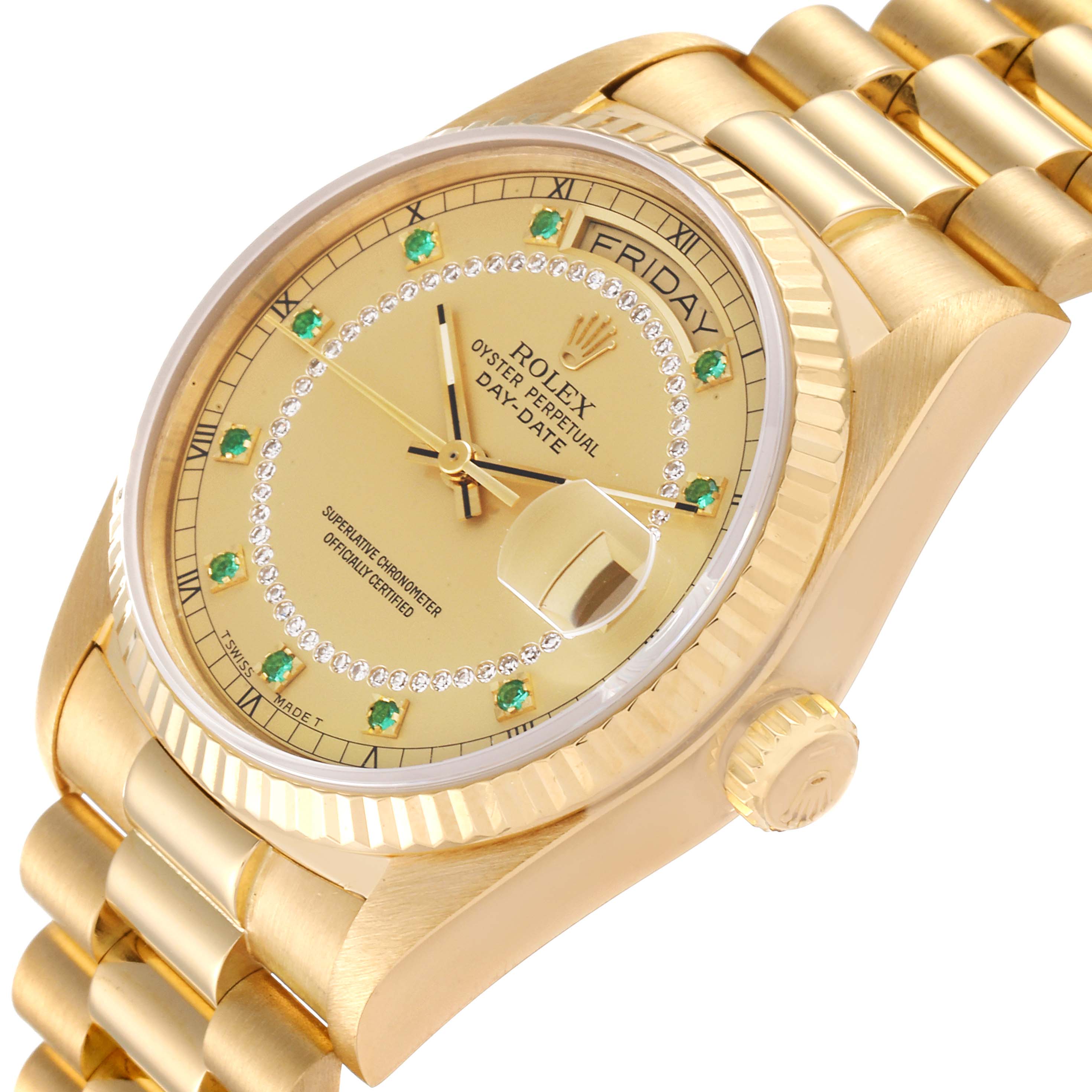 The Rolex President 18038 Men
s Yellow Gold Champagne Dial 18038 Men
s Yellow Gold Champagne Dial model watch is shown from an oblique angle, highlighting its dial, crown, and bracelet.