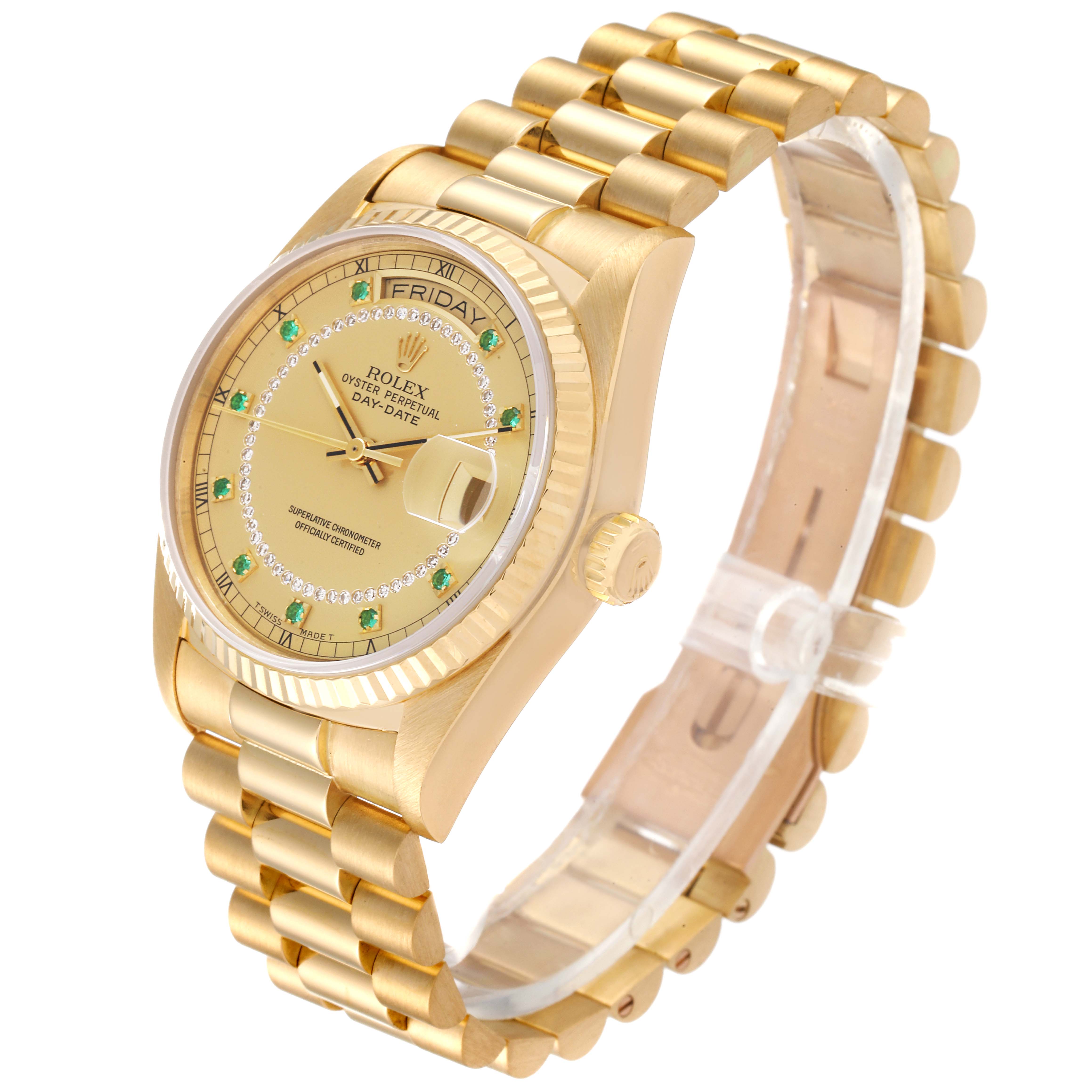 The image shows a side-angle view of a Rolex President 18038 Men
s Yellow Gold Champagne Dial 18038 Men
s Yellow Gold Champagne Dial model watch, displaying the dial, bracelet, and crown.