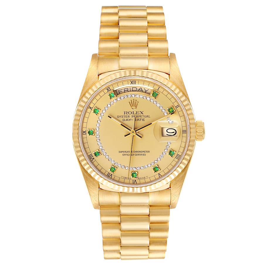 Rolex President Day Date Yellow Gold String Emerald Diamond Dial