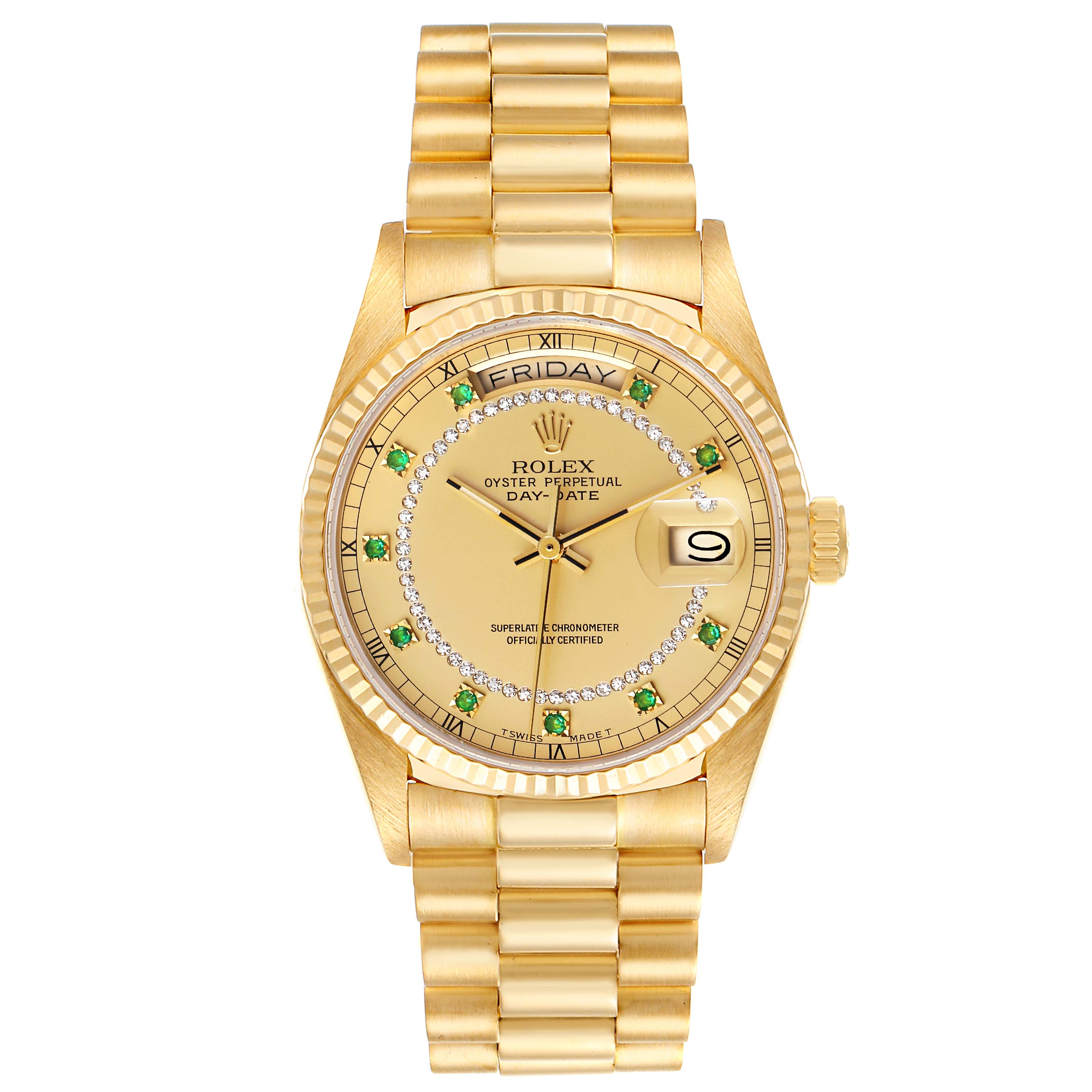 The image shows a frontal view of a Rolex President 18038 Men
s Yellow Gold Champagne Dial 18038 Men
s Yellow Gold Champagne Dial model, featuring its gold band, gold dial, day-date display, and green gemstone hour markers.