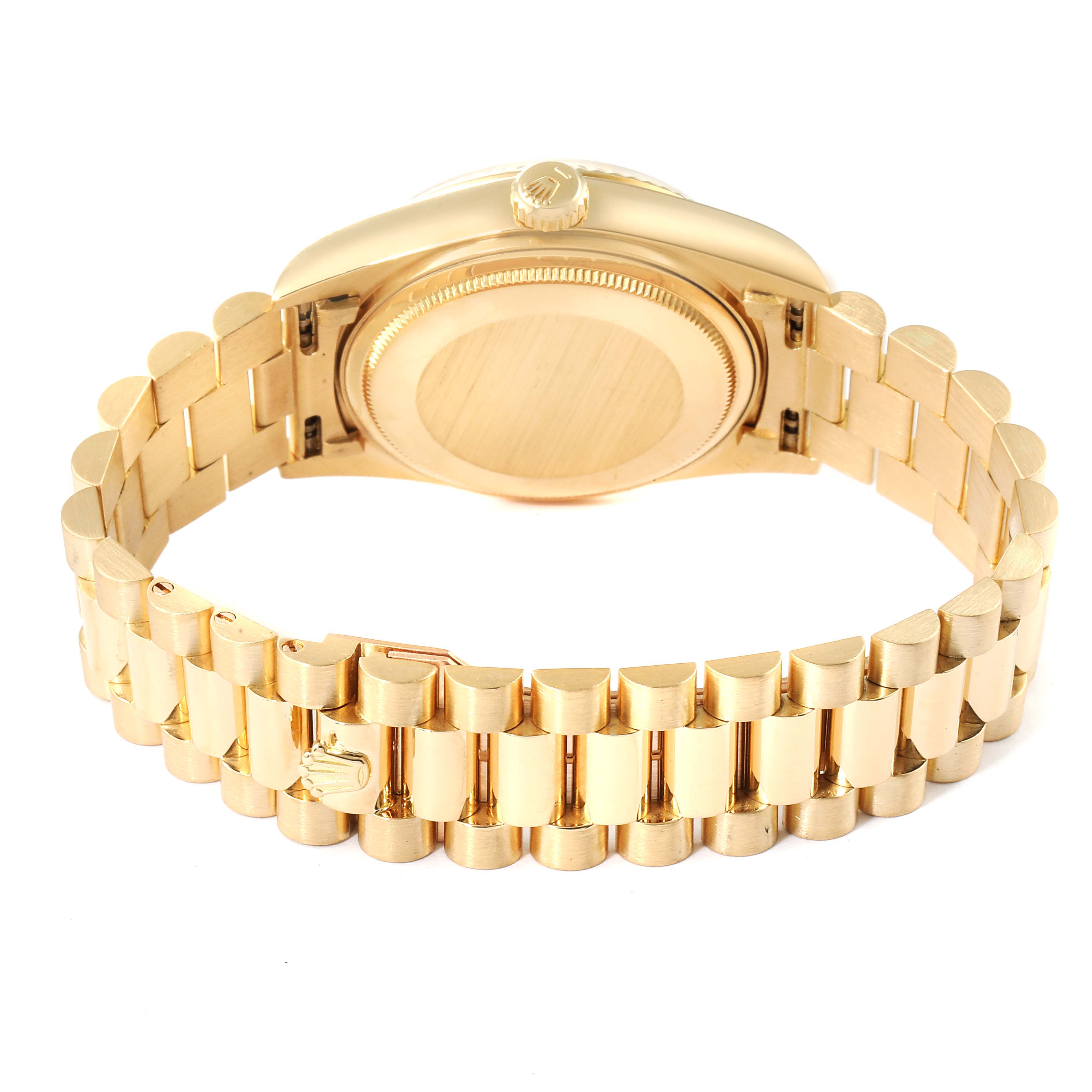 The image shows the back view of a Rolex President 18038 Men
s Yellow Gold Champagne Dial 18038 Men
s Yellow Gold Champagne Dial model watch, focusing on the clasp and bracelet.