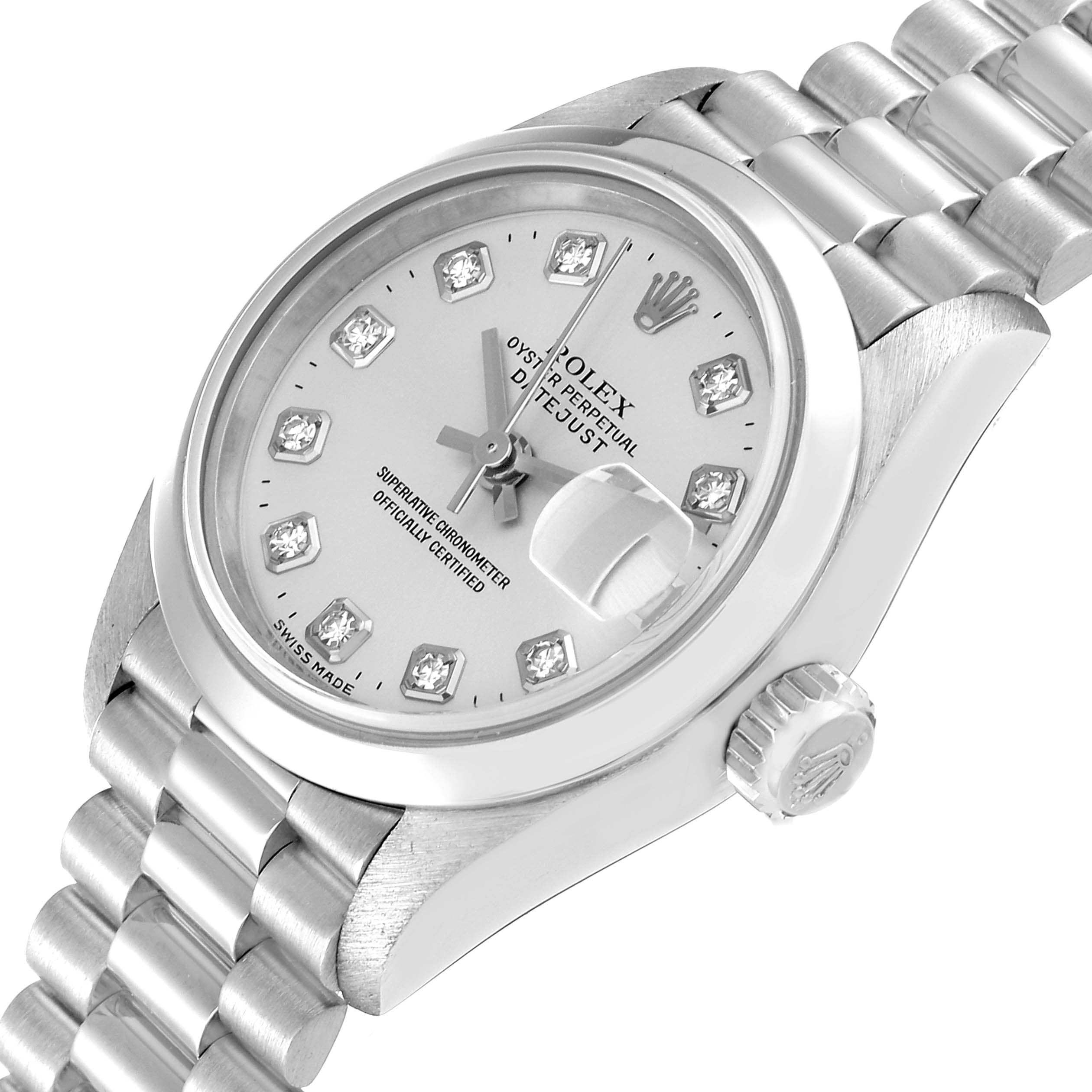 The image shows an angled view of a Rolex President 79166 Women's Platinum Silver Dial 79166 Women's Platinum Silver Dial model watch, highlighting the face, crown, and part of the bracelet.