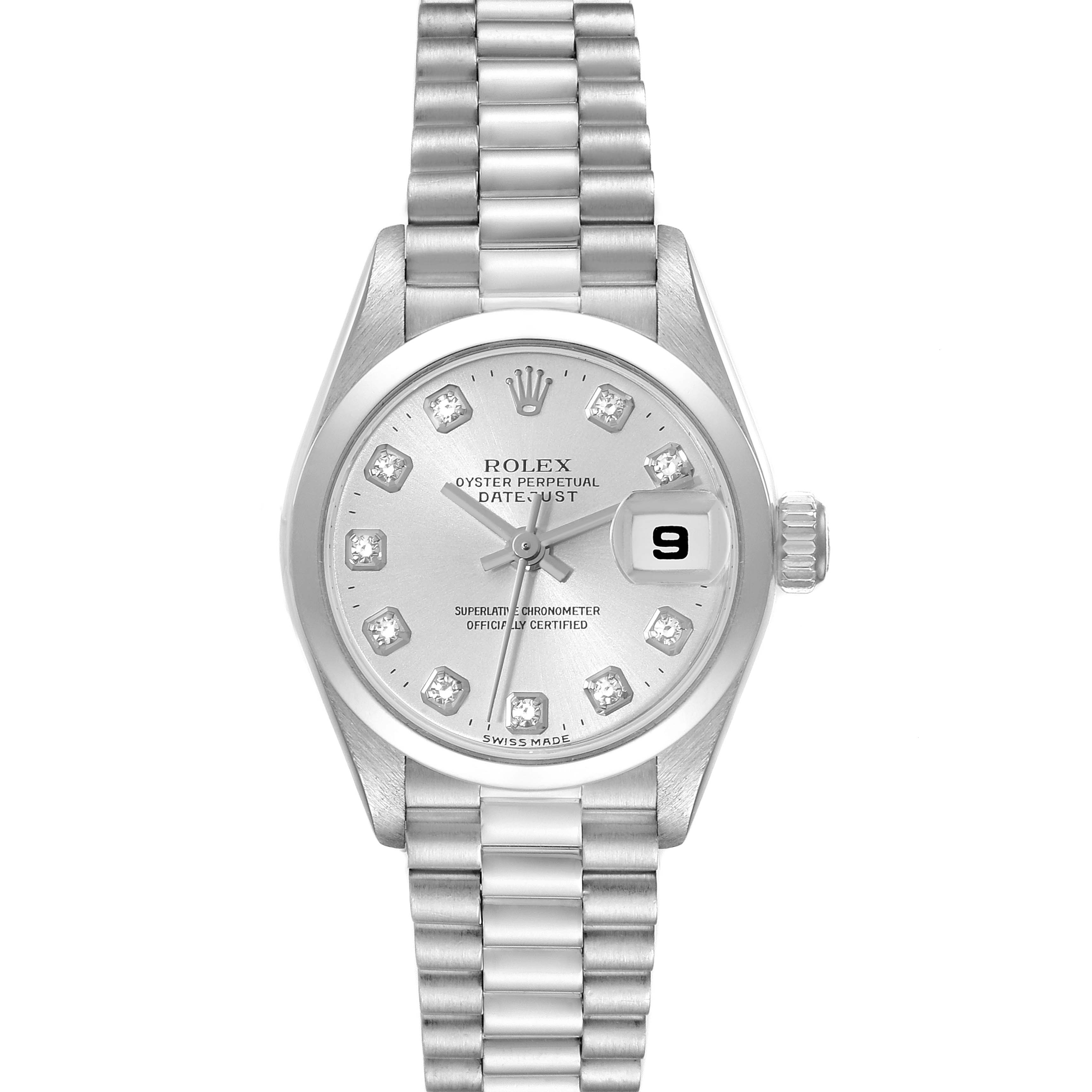 This image shows a front view of a Rolex President 79166 Women's Platinum Silver Dial 79166 Women's Platinum Silver Dial model watch, featuring its bracelet, dial, and date window.