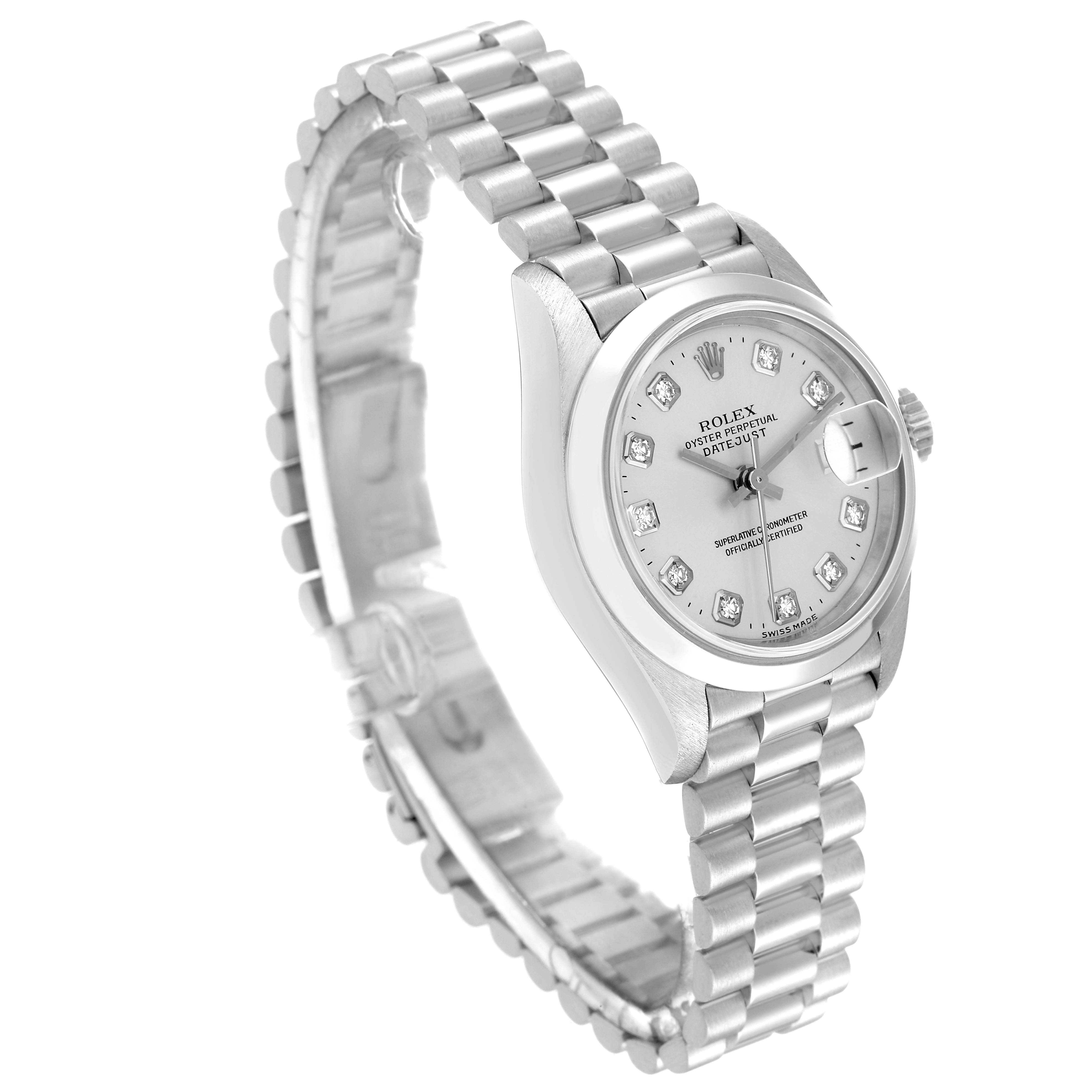 The image shows a Rolex President 79166 Women's Platinum Silver Dial 79166 Women's Platinum Silver Dial model watch viewed from a left front-angle, showcasing the face, dial, bezel, and bracelet.