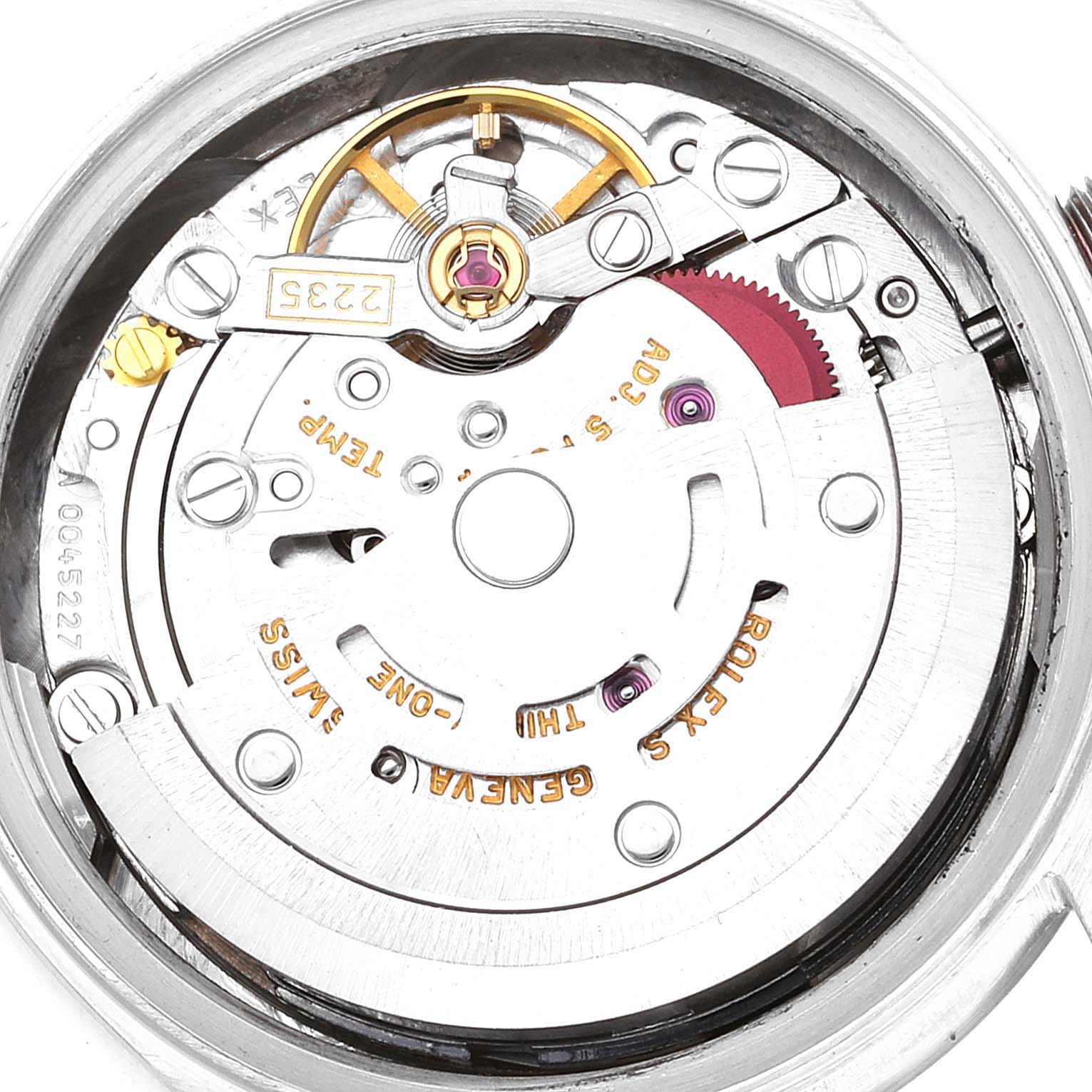 This image shows the intricate internal mechanism of the Rolex President 79166 Women's Platinum Silver Dial 79166 Women's Platinum Silver Dial model watch from a top-down angle.