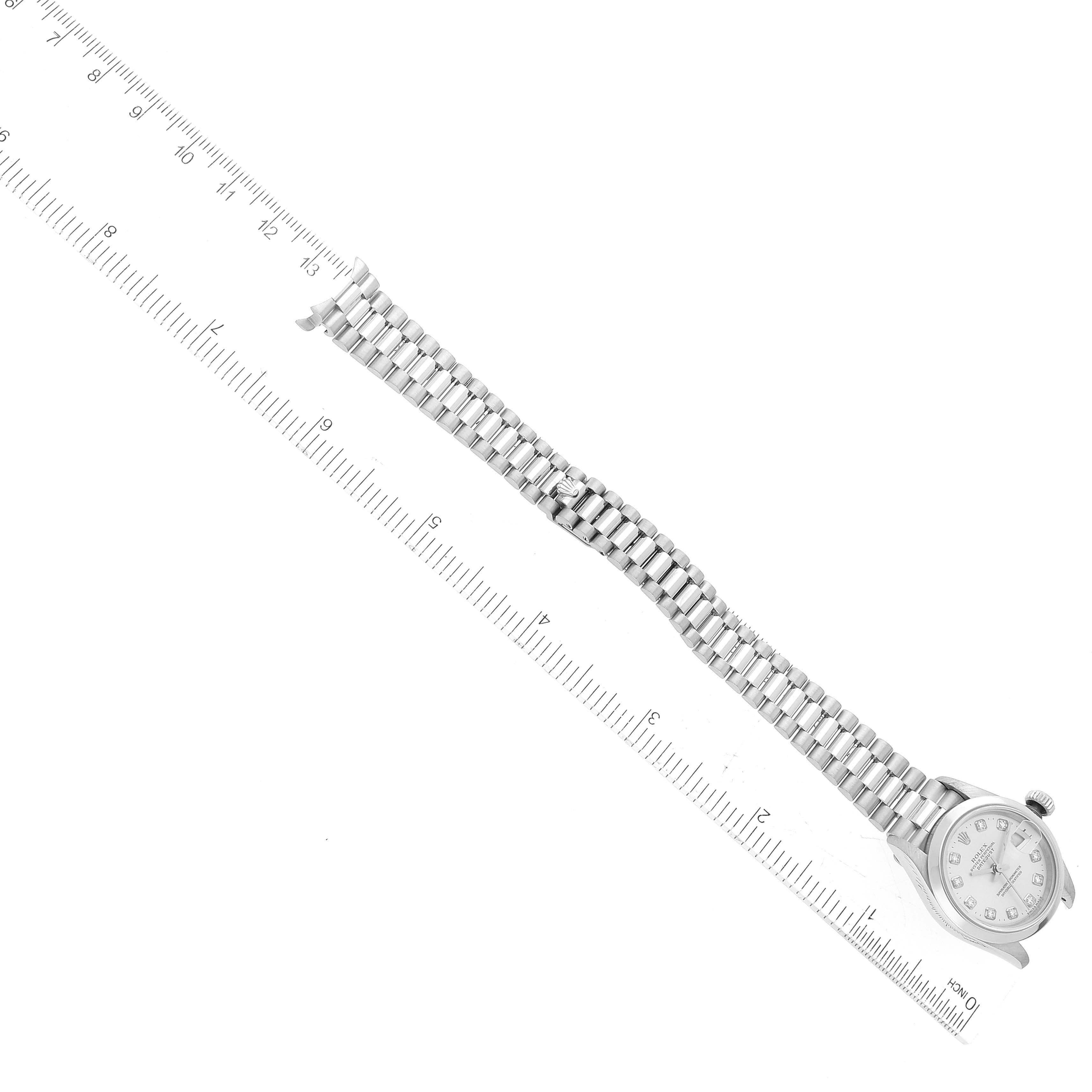 The Rolex President 79166 Women's Platinum Silver Dial 79166 Women's Platinum Silver Dial watch is shown from an overhead angle, displaying the bracelet and part of the watch face.