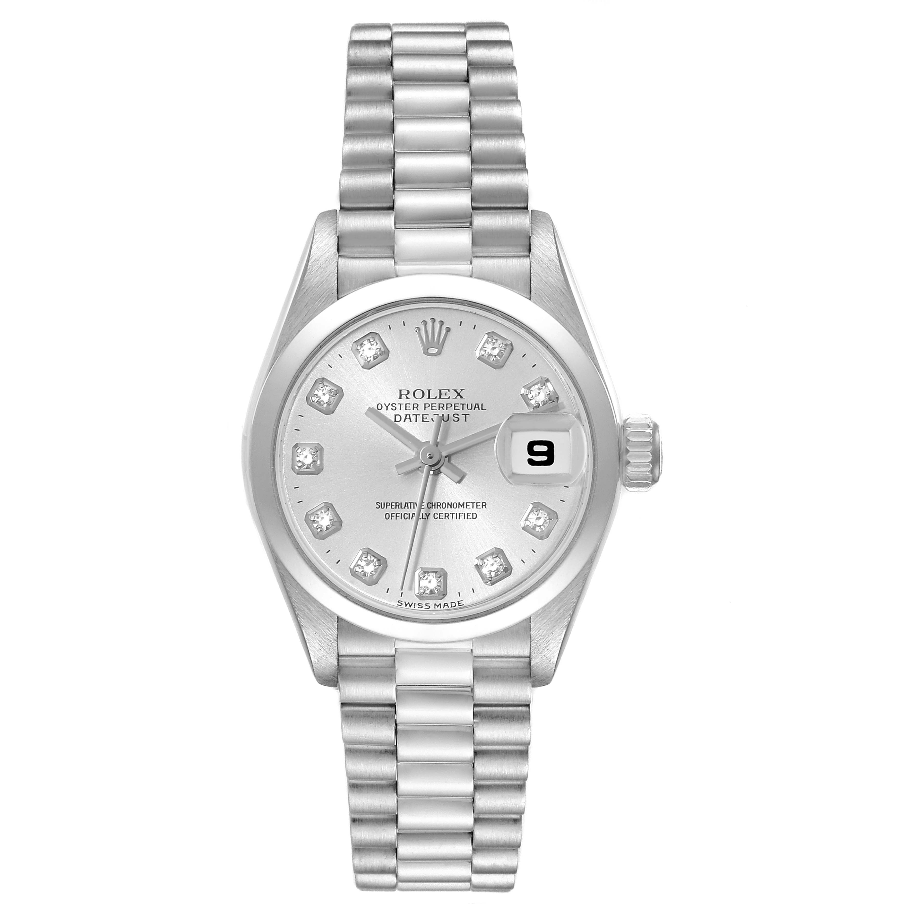 This image shows a Rolex President 79166 Women's Platinum Silver Dial 79166 Women's Platinum Silver Dial model watch from a top-down angle, highlighting the dial, bracelet, and date feature.