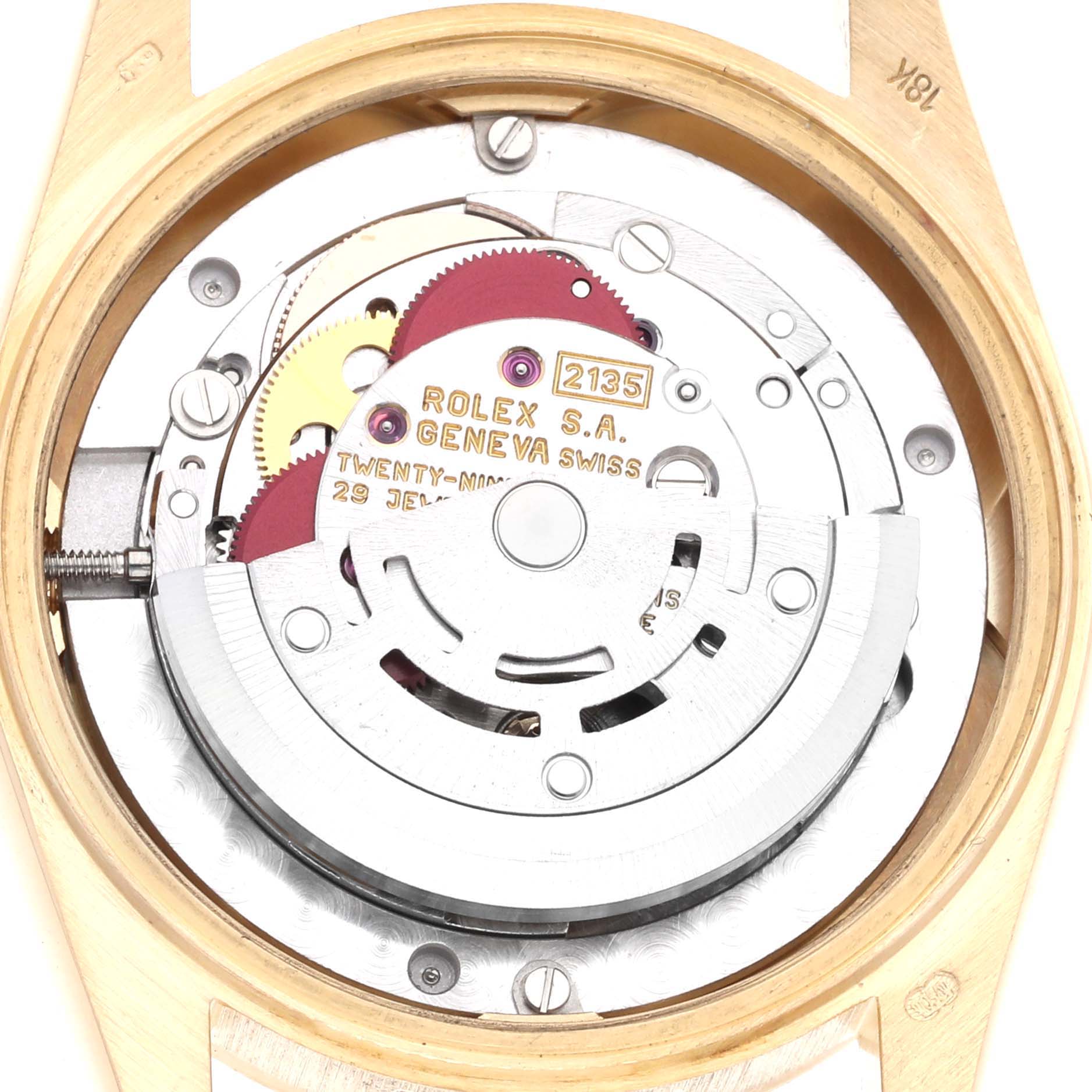 The image shows the internal mechanics of the Rolex President 68278 Women's Yellow Gold Champagne Dial 68278 Women's Yellow Gold Champagne Dial model watch from a top-down angle.