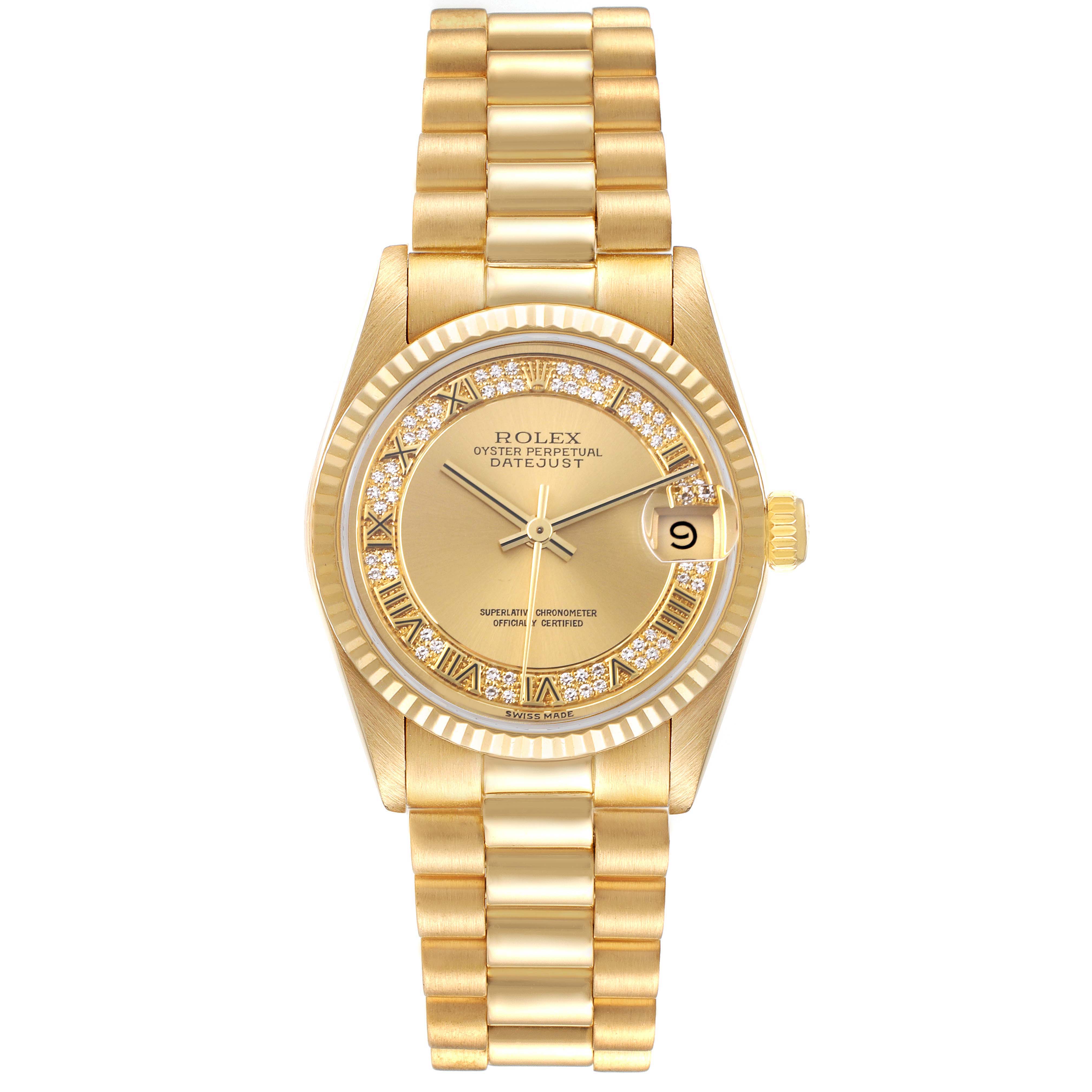 The Rolex President 68278 Women's Yellow Gold Champagne Dial 68278 Women's Yellow Gold Champagne Dial model is shown front-facing, highlighting the dial, bezel, bracelet, and crown.