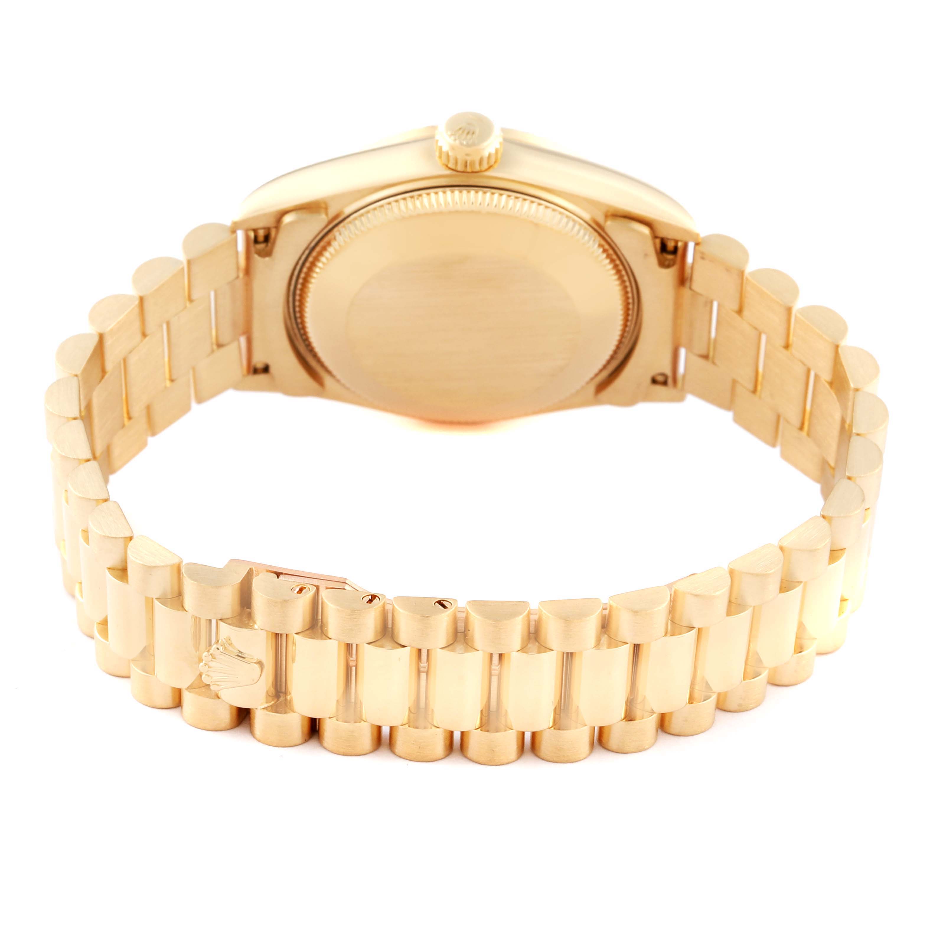 The Rolex President 68278 Women's Yellow Gold Champagne Dial 68278 Women's Yellow Gold Champagne Dial model watch is shown from the back, highlighting the bracelet and case back.