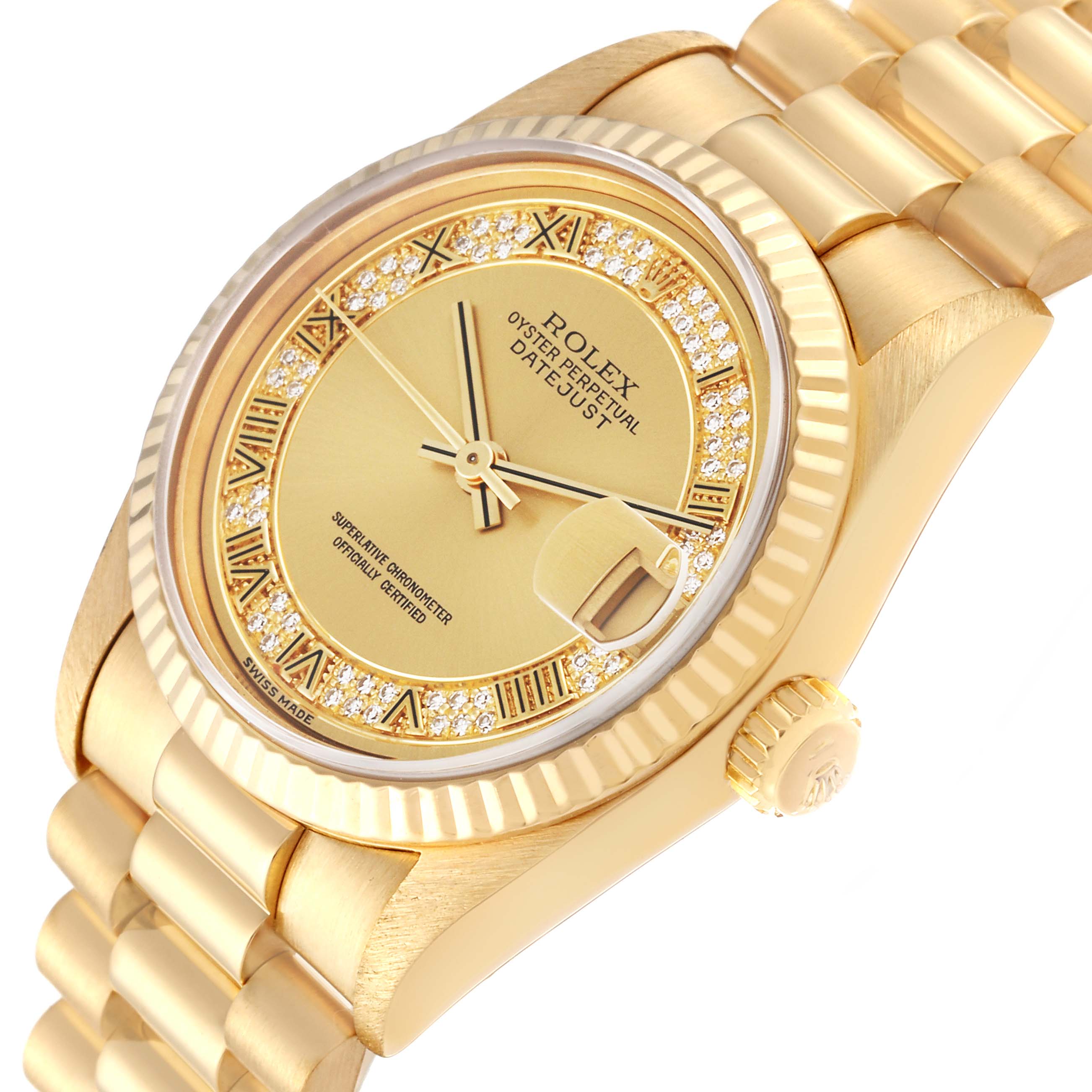The Rolex President 68278 Women's Yellow Gold Champagne Dial 68278 Women's Yellow Gold Champagne Dial watch is shown from an angled view, highlighting the face, bezel, band, and crown.