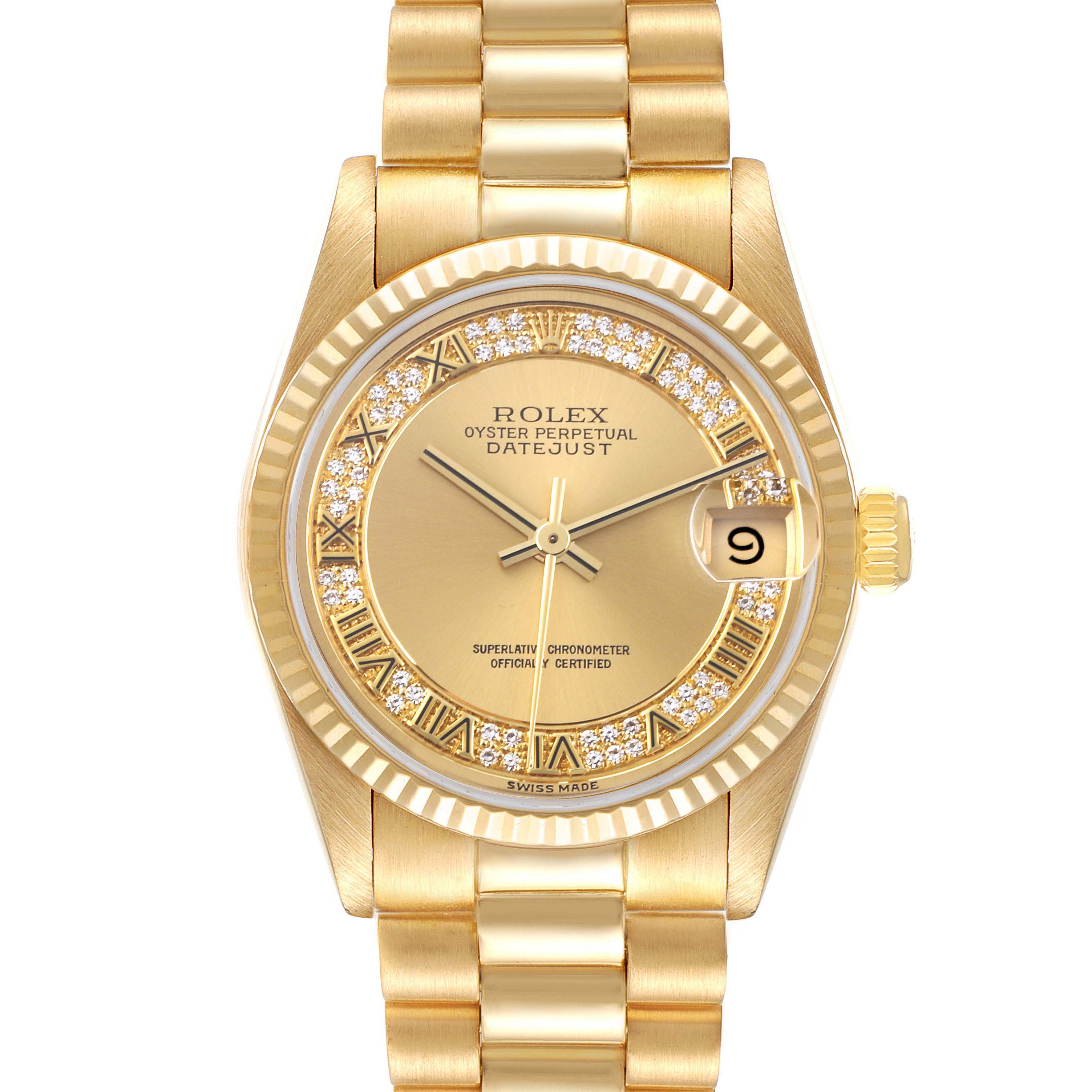 The Rolex President 68278 Women's Yellow Gold Champagne Dial 68278 Women's Yellow Gold Champagne Dial model is shown from the front, highlighting the gold dial, fluted bezel, bracelet, and date display.