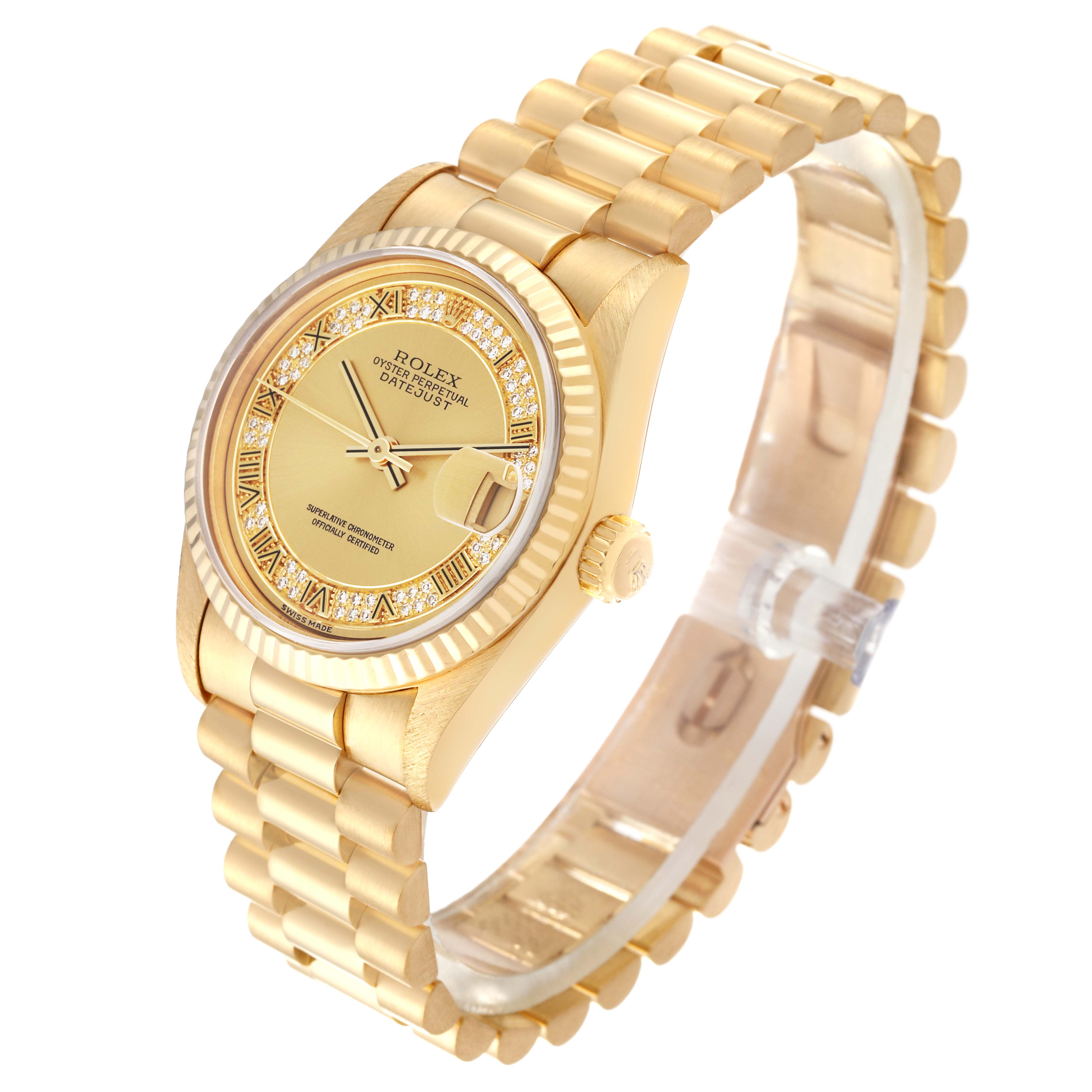 The Rolex President 68278 Women's Yellow Gold Champagne Dial 68278 Women's Yellow Gold Champagne Dial watch is shown at a slight angle, highlighting its gold bracelet, face, and side view of the crown.