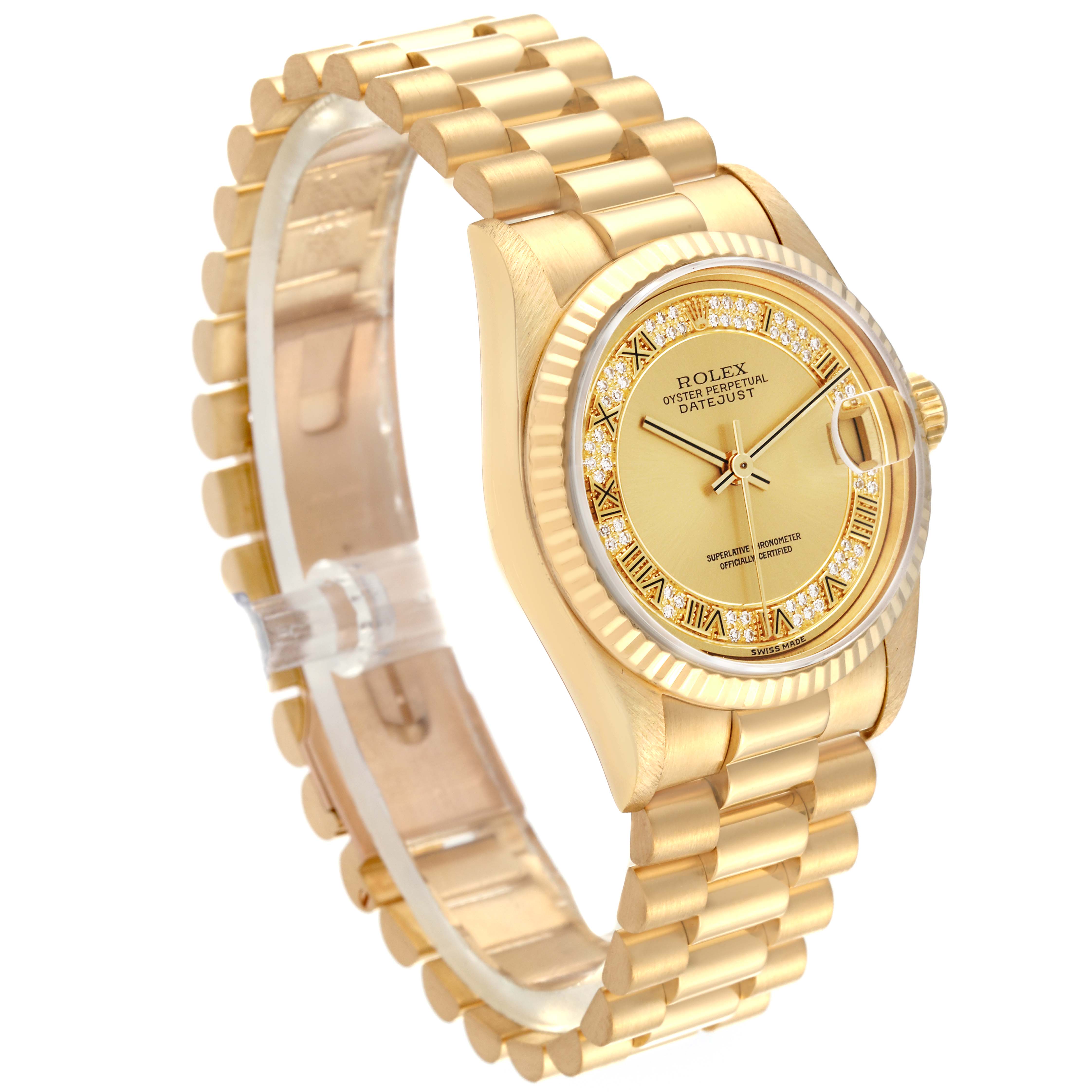 The Rolex President 68278 Women's Yellow Gold Champagne Dial 68278 Women's Yellow Gold Champagne Dial model is shown at a three-quarter angle, highlighting the gold bracelet, case, and detailed dial.