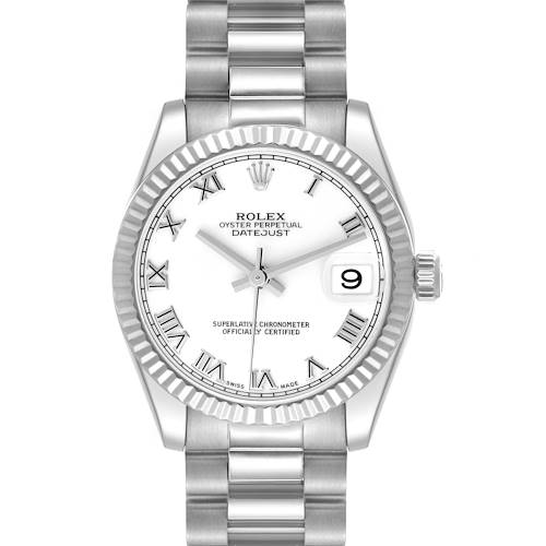 The Rolex President model watch is shown from a front angle, displaying the face, bezel, bracelet, and date window.