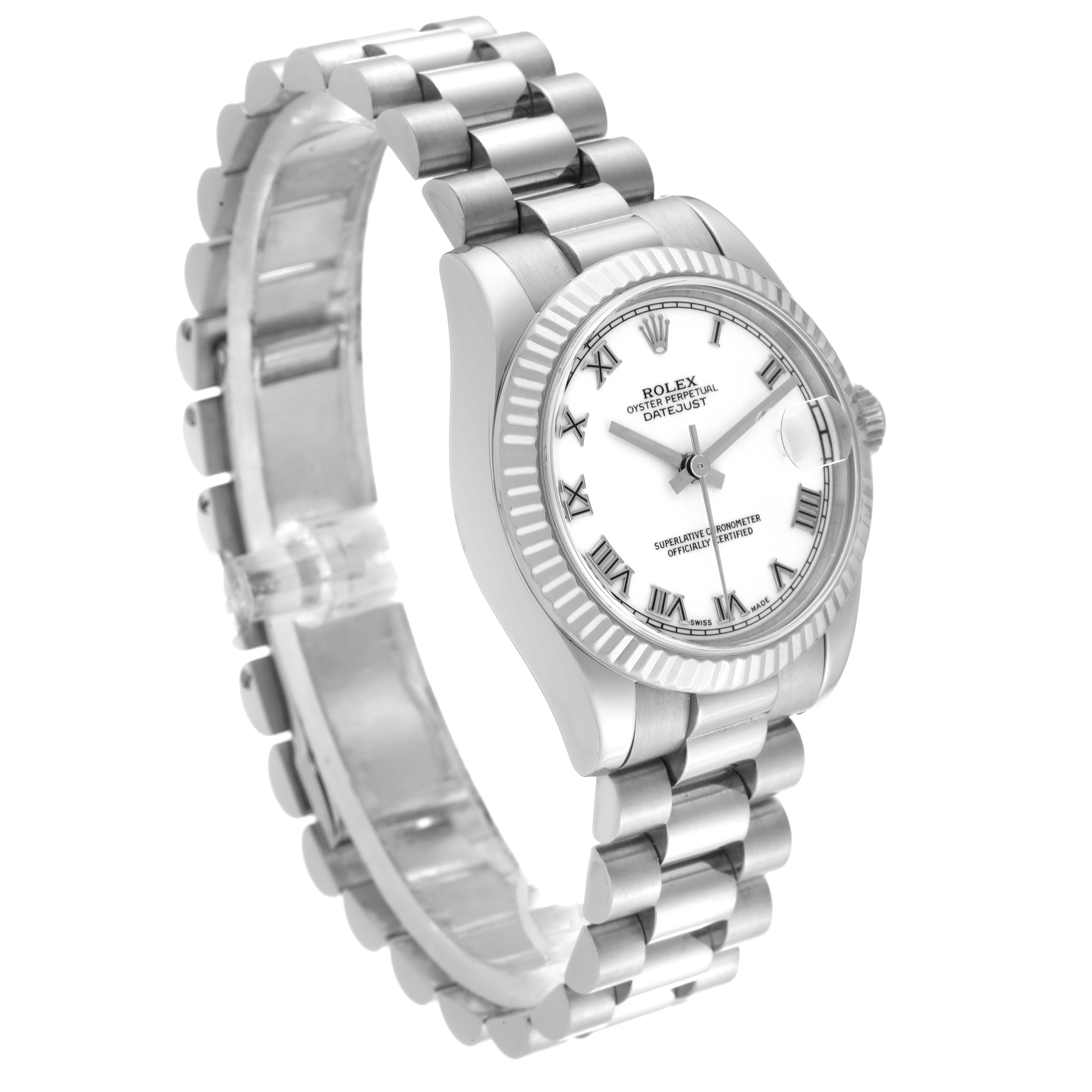 The Rolex President 178279 Women's White Gold White Dial 178279 Women's White Gold White Dial model is shown at a three-quarter angle, displaying the face, bezel, and bracelet.