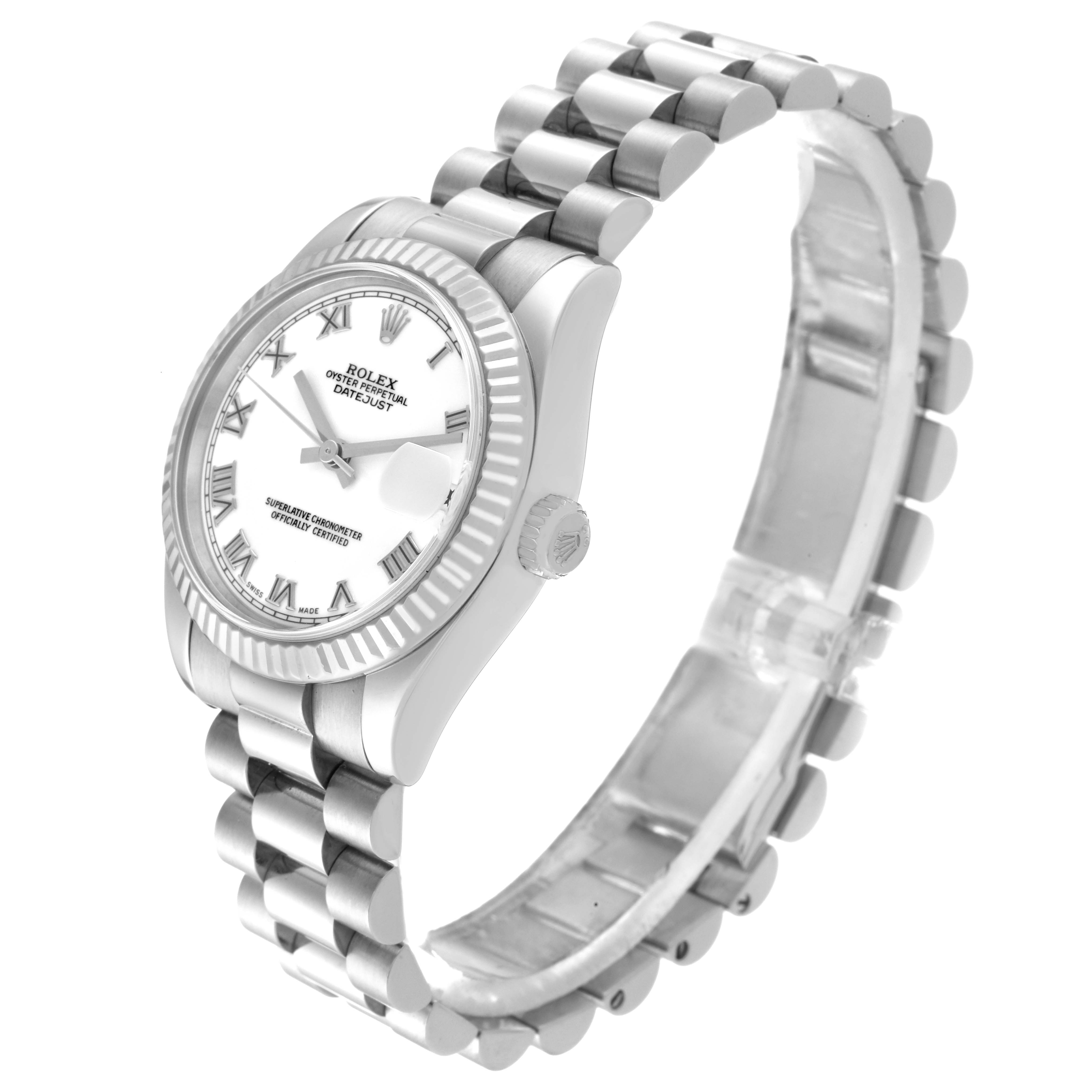 The Rolex President 178279 Women's White Gold White Dial 178279 Women's White Gold White Dial model watch is shown at a slight angle, featuring its face, bezel, and bracelet.