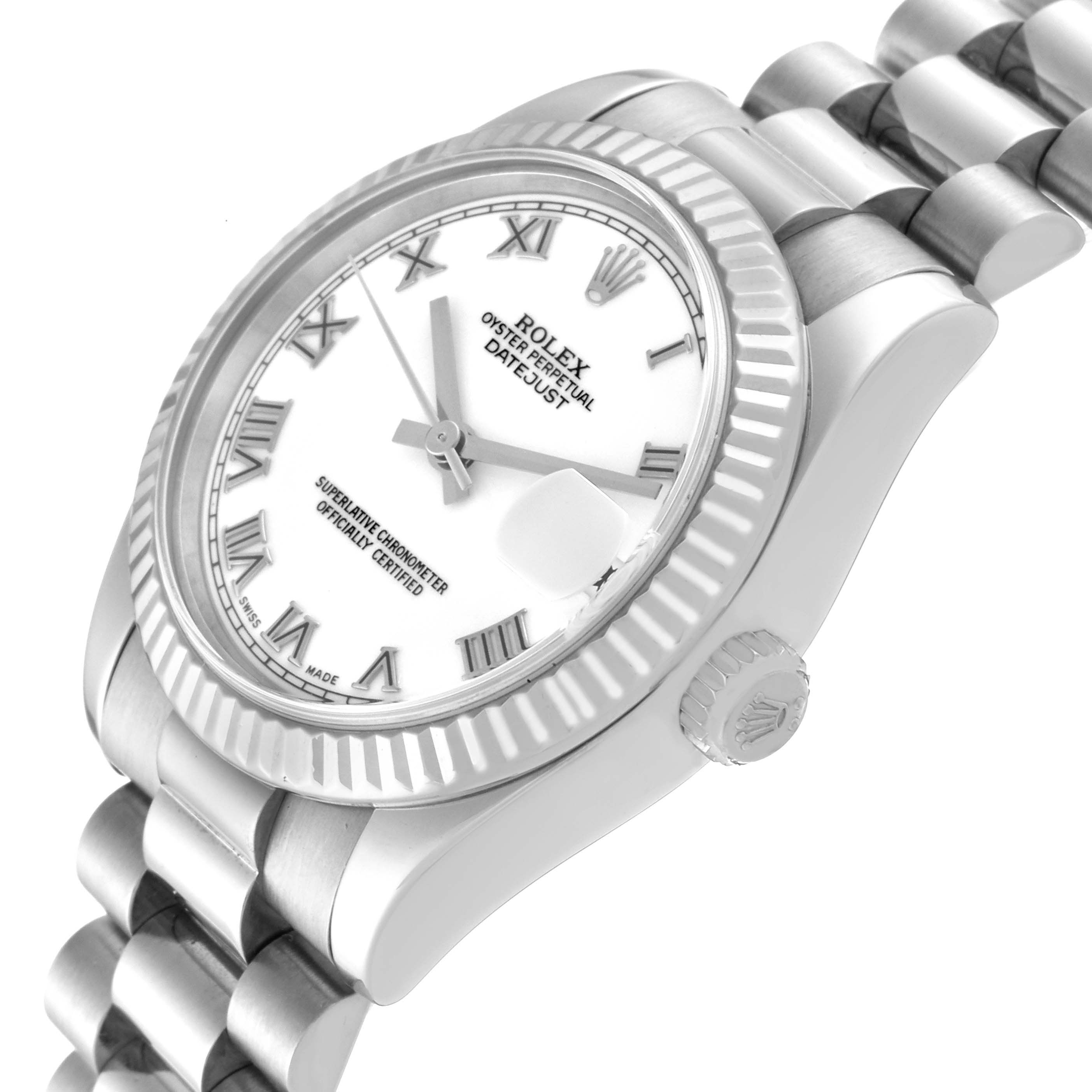 The Rolex President 178279 Women's White Gold White Dial 178279 Women's White Gold White Dial model is shown at an angled side view, displaying the bezel, crown, and part of the bracelet.