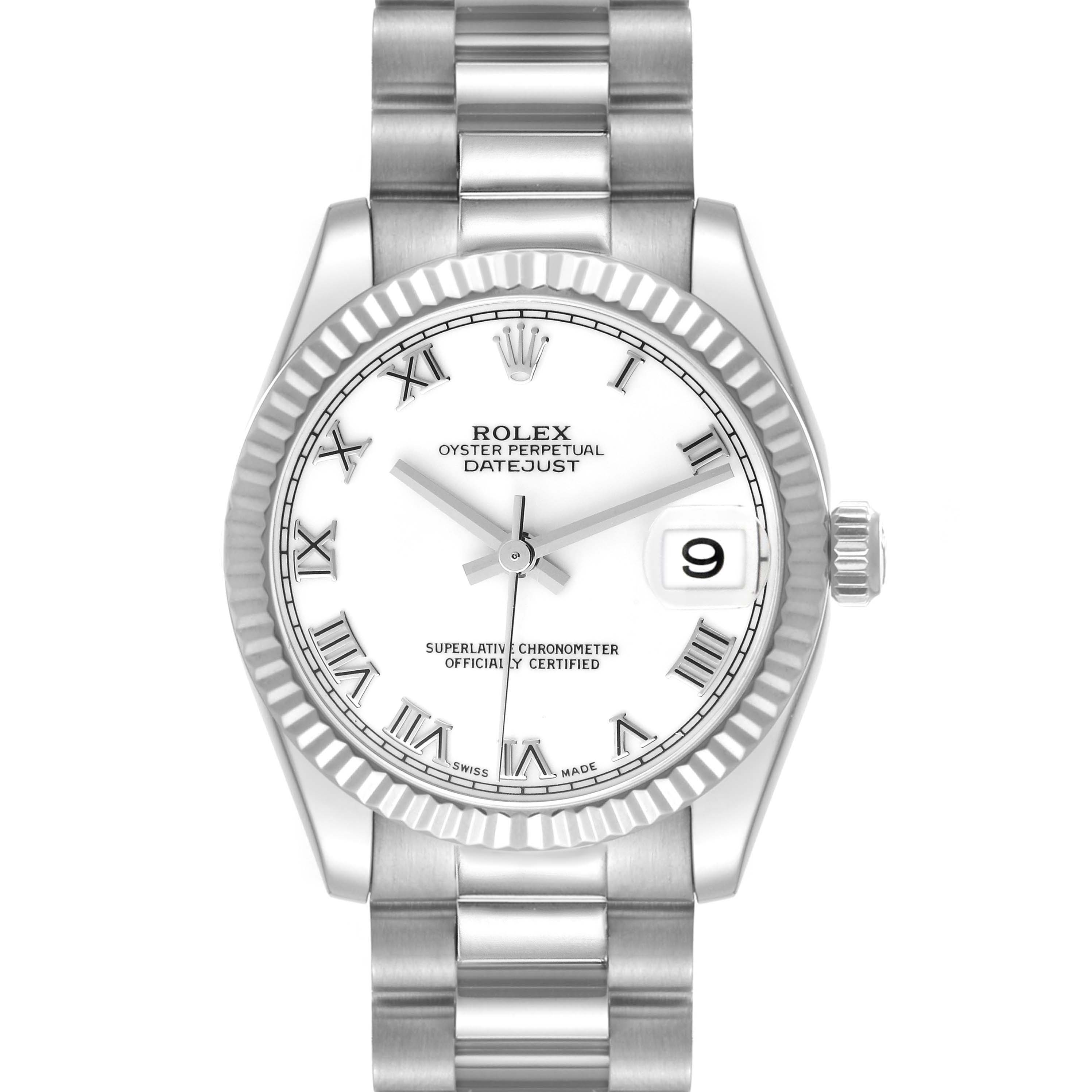 The Rolex President 178279 Women's White Gold White Dial 178279 Women's White Gold White Dial model is shown front-facing, displaying the dial, date, bezel, and bracelet.
