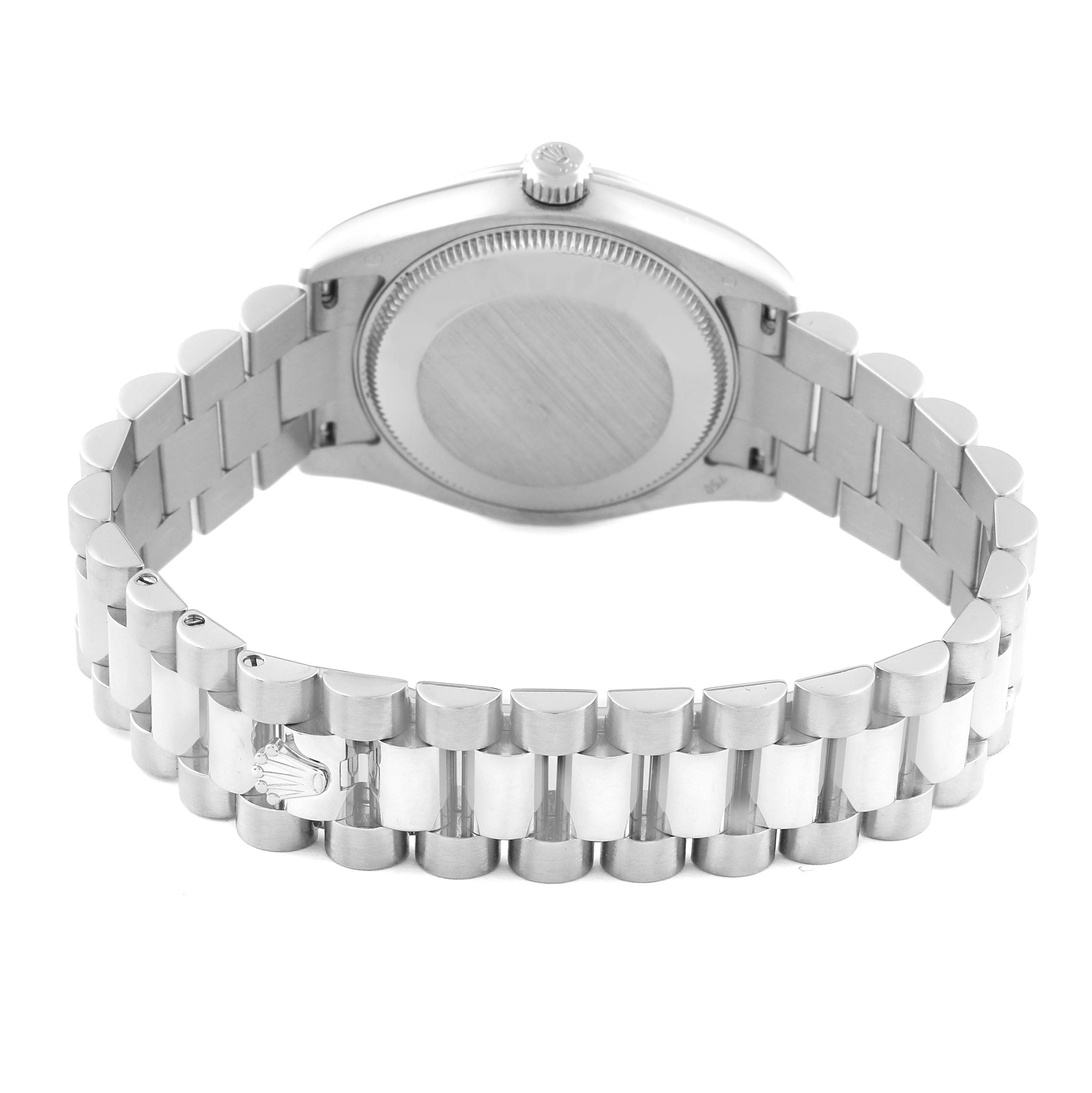 The image shows the back case and bracelet of a Rolex President 178279 Women's White Gold White Dial 178279 Women's White Gold White Dial model watch, featuring its distinctive link design.