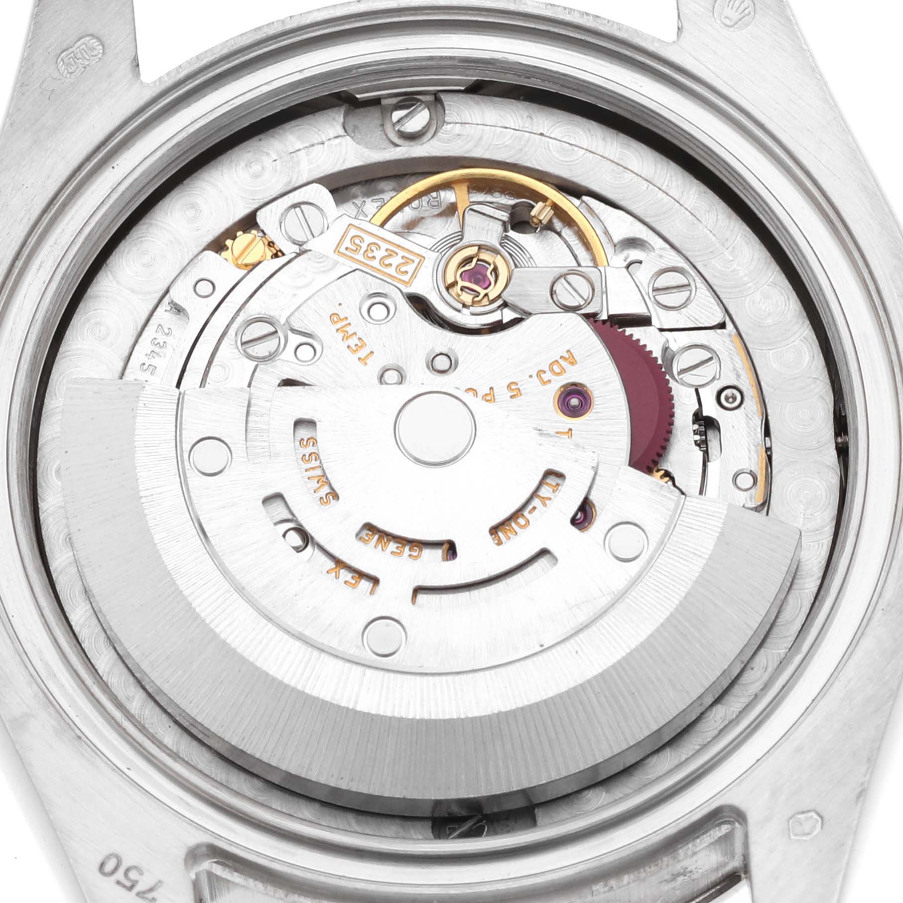 The image shows a close-up of the movement mechanism of a Rolex President 178279 Women's White Gold White Dial 178279 Women's White Gold White Dial model watch, from a top-down angle.