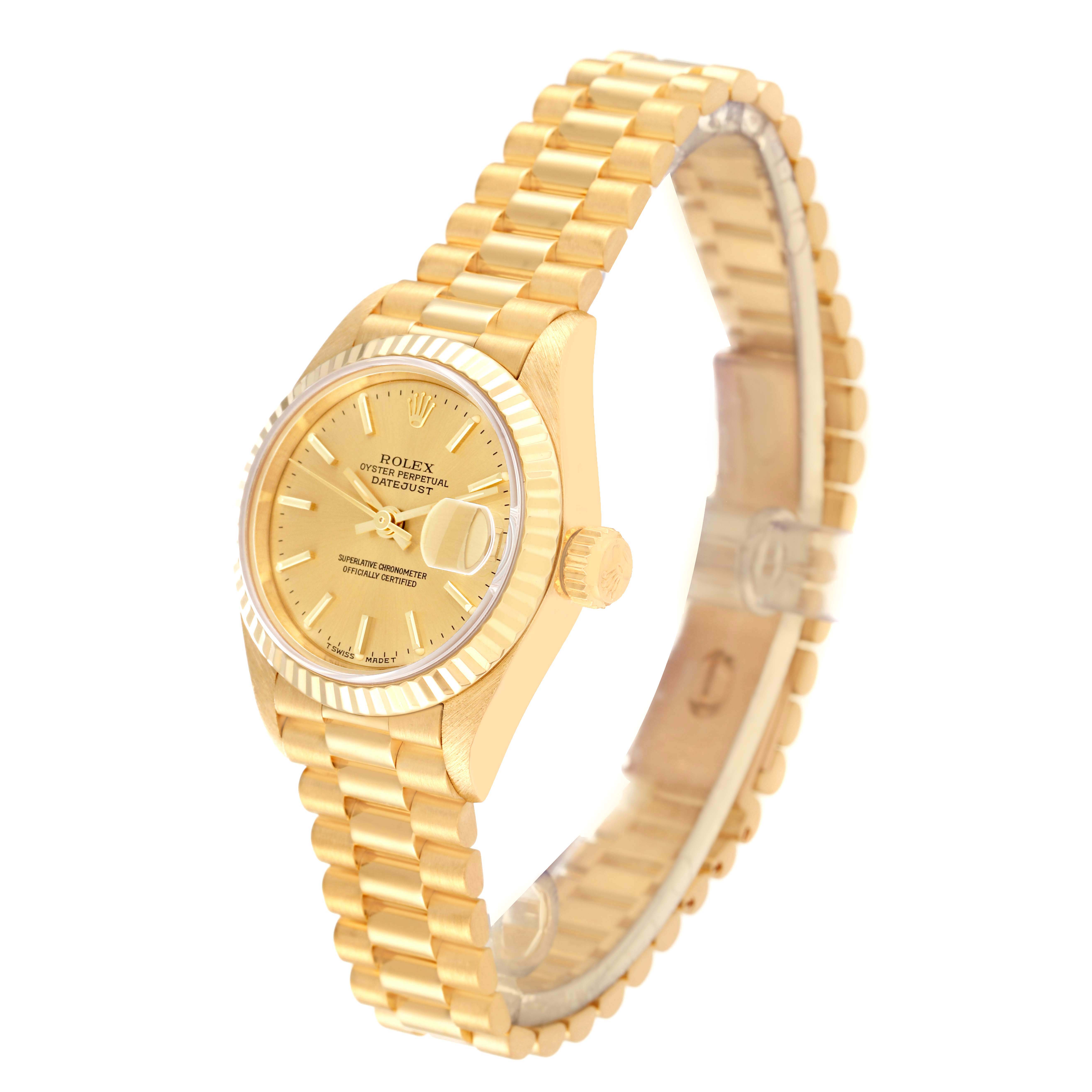The image shows a Rolex President 69178 Women
s Yellow Gold Champagne Dial 69178 Women
s Yellow Gold Champagne Dial model watch at a three-quarter angle, displaying the dial, bracelet, and crown.