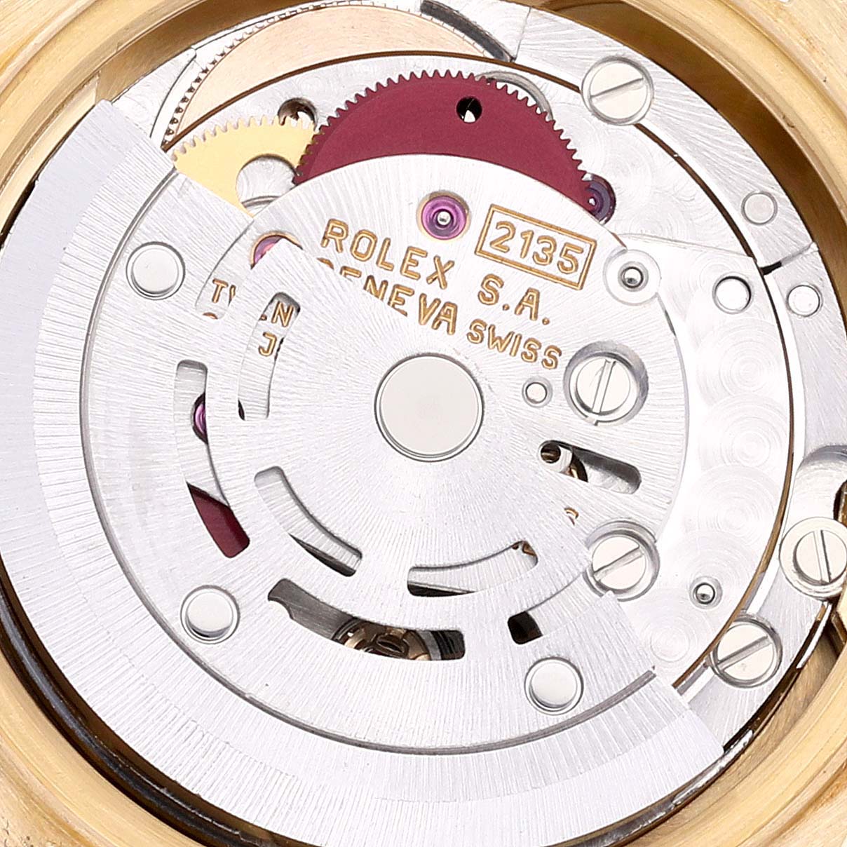 This image shows a close-up view of the internal mechanism of a Rolex President 69178 Women
s Yellow Gold Champagne Dial 69178 Women
s Yellow Gold Champagne Dial model watch.