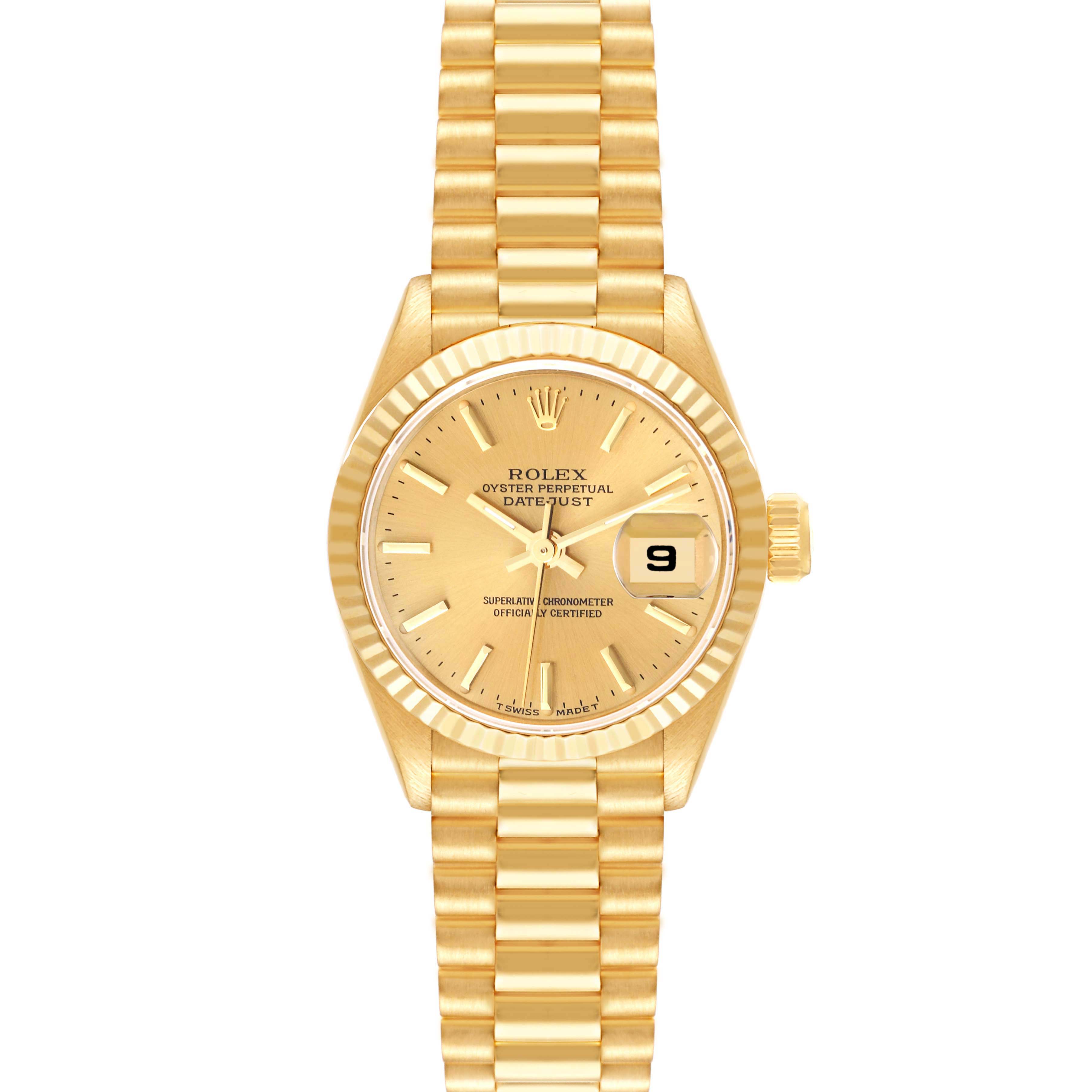 The image shows a front view of a Rolex President 69178 Women
s Yellow Gold Champagne Dial 69178 Women
s Yellow Gold Champagne Dial model watch, focusing on its dial, case, bezel, and bracelet.