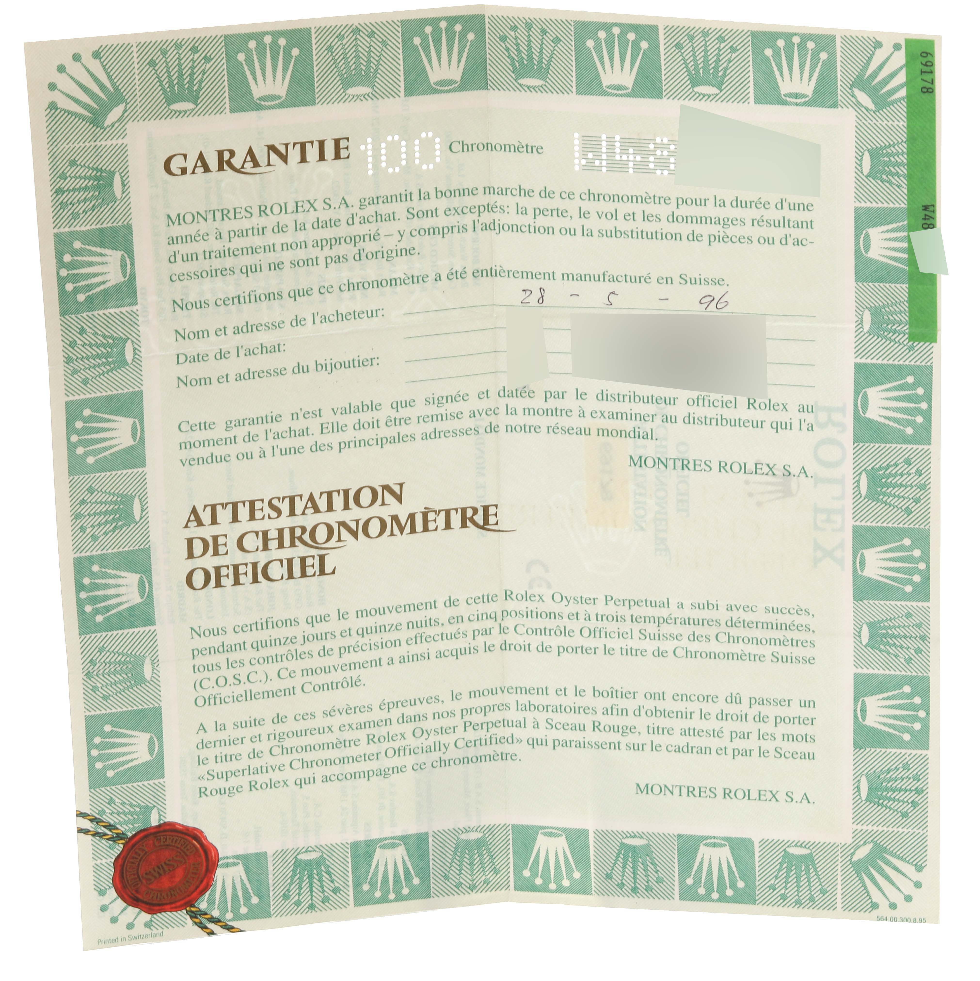 This image shows the warranty and chronometer certification papers for the Rolex President 69178 Women
s Yellow Gold Champagne Dial 69178 Women
s Yellow Gold Champagne Dial model.