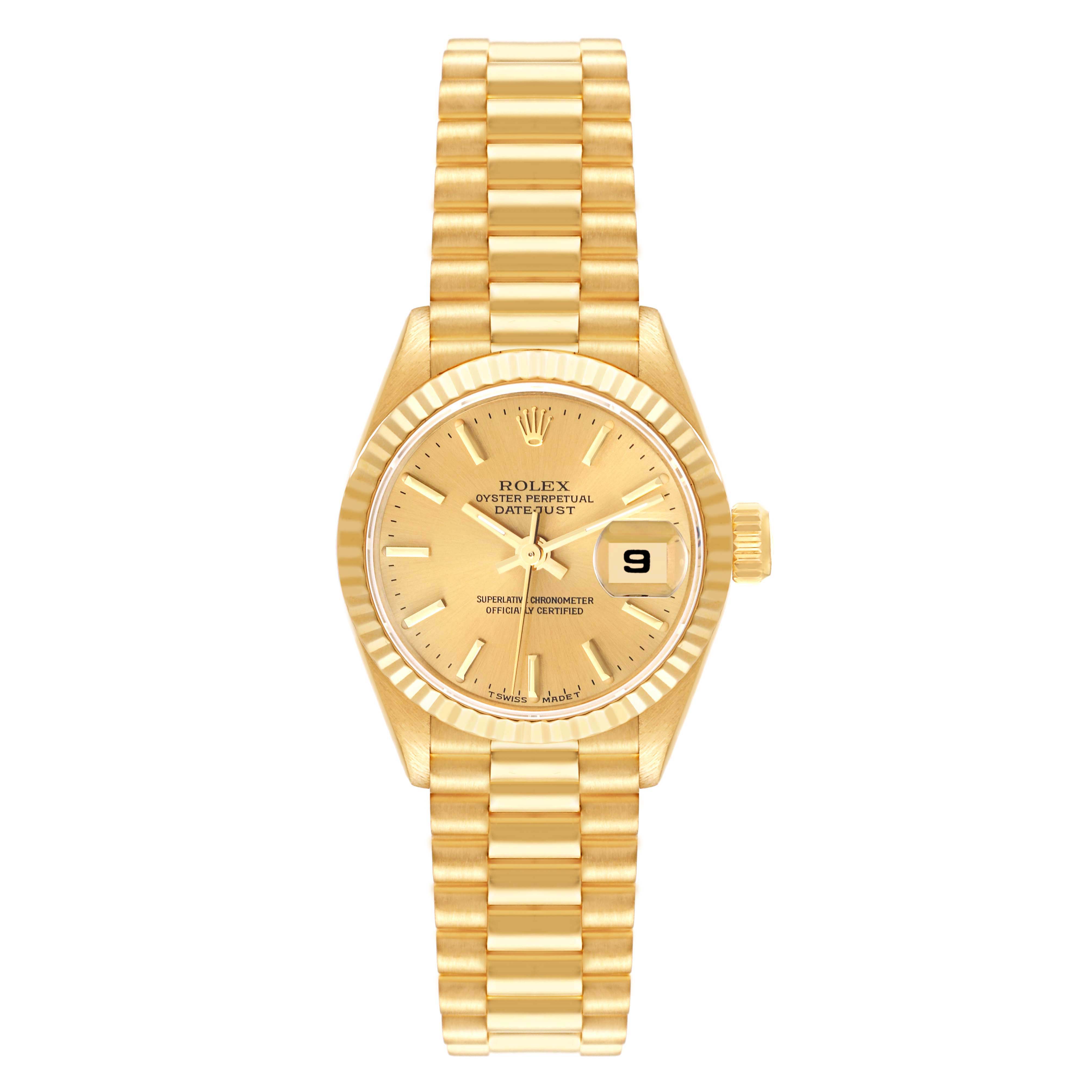 The image shows a frontal view of a Rolex Oyster Perpetual Datejust President model watch with a gold bracelet and fluted bezel.