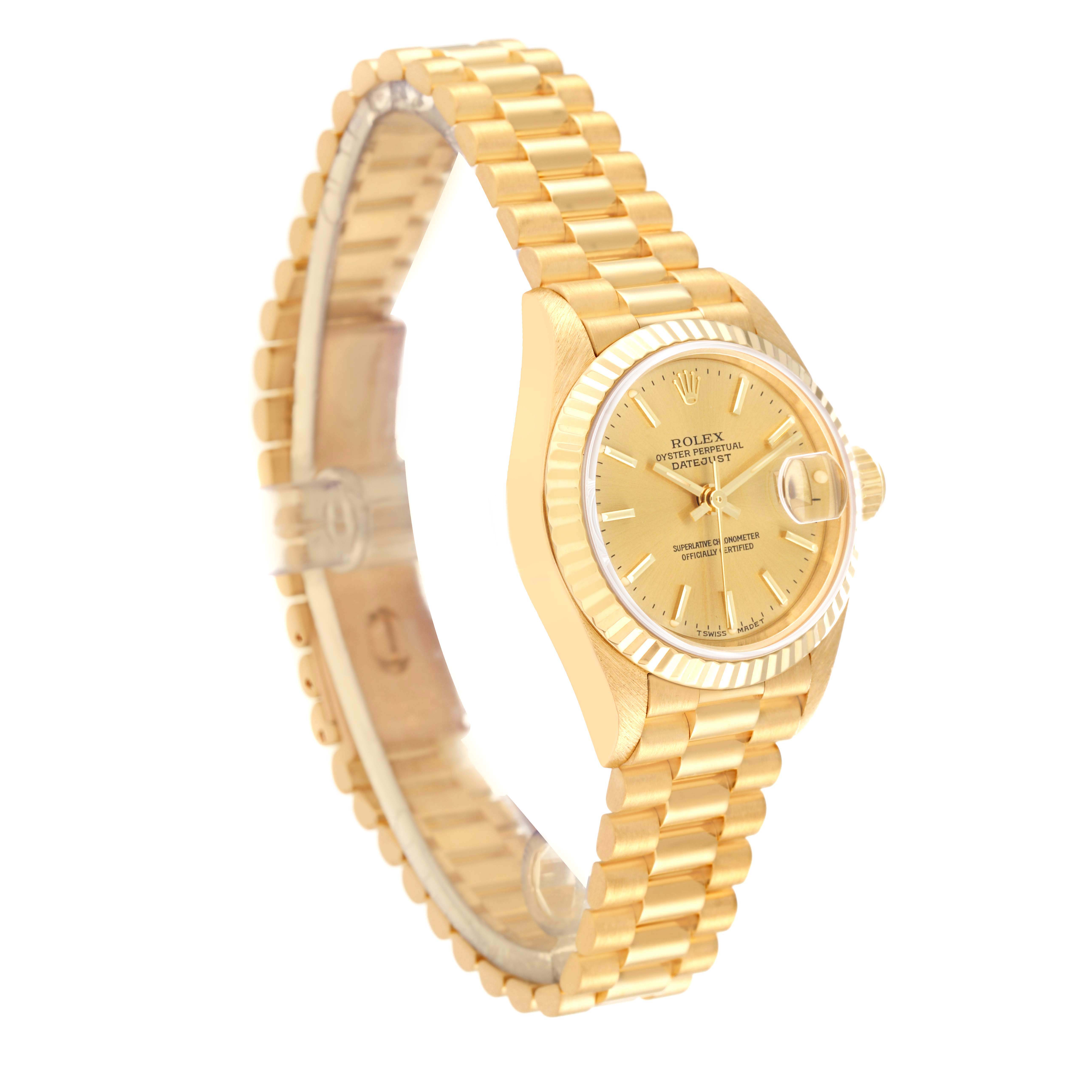 The Rolex President 69178 Women
s Yellow Gold Champagne Dial 69178 Women
s Yellow Gold Champagne Dial model watch is shown at a slight angle, displaying its face, bracelet, and side view of the case.
