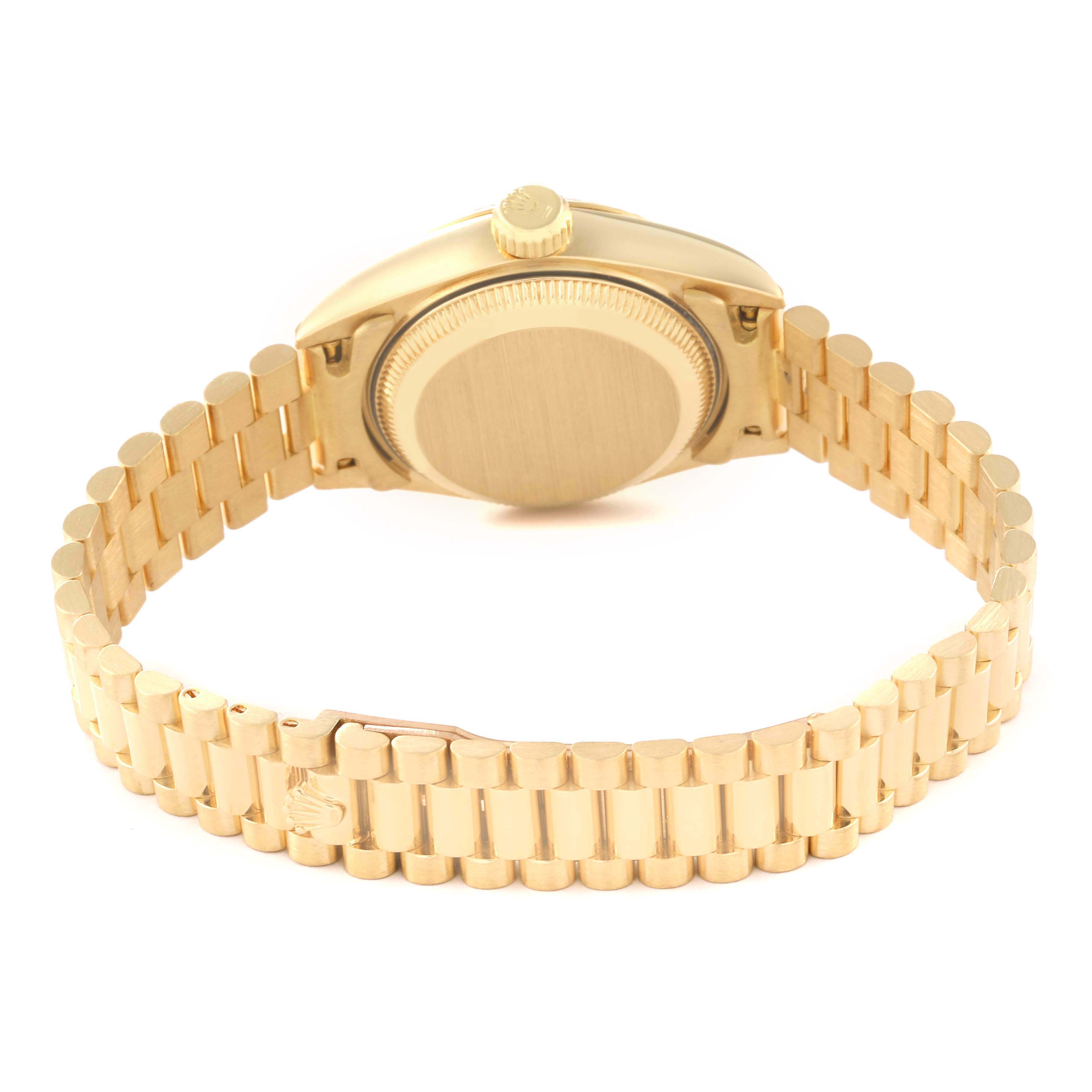 This image shows the backside and bracelet of a Rolex President 69178 Women
s Yellow Gold Champagne Dial 69178 Women
s Yellow Gold Champagne Dial model watch from a rear angle.