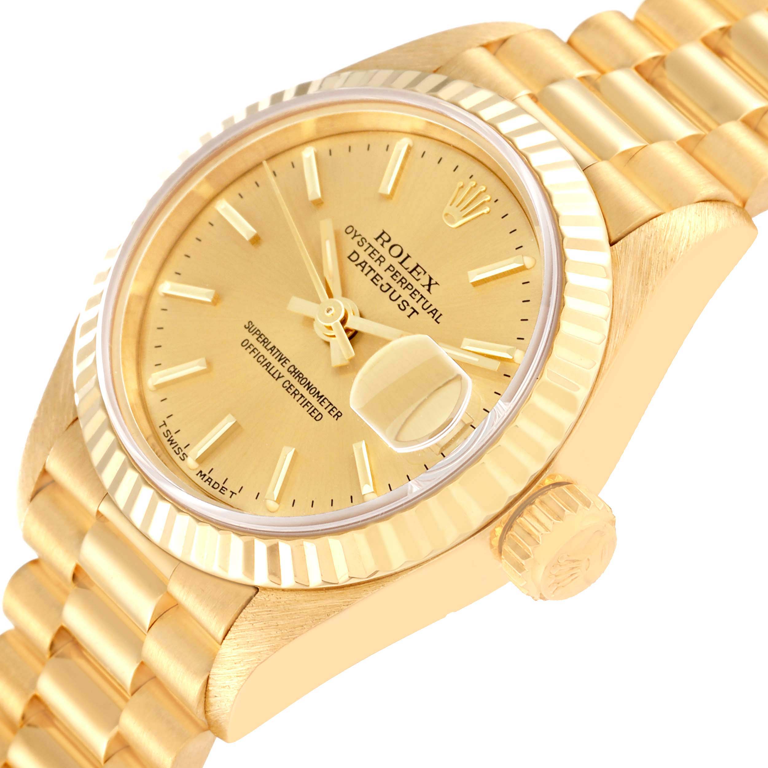 This image shows a close-up angle of a Rolex President 69178 Women
s Yellow Gold Champagne Dial 69178 Women
s Yellow Gold Champagne Dial model watch, highlighting the dial, bezel, and part of the bracelet.
