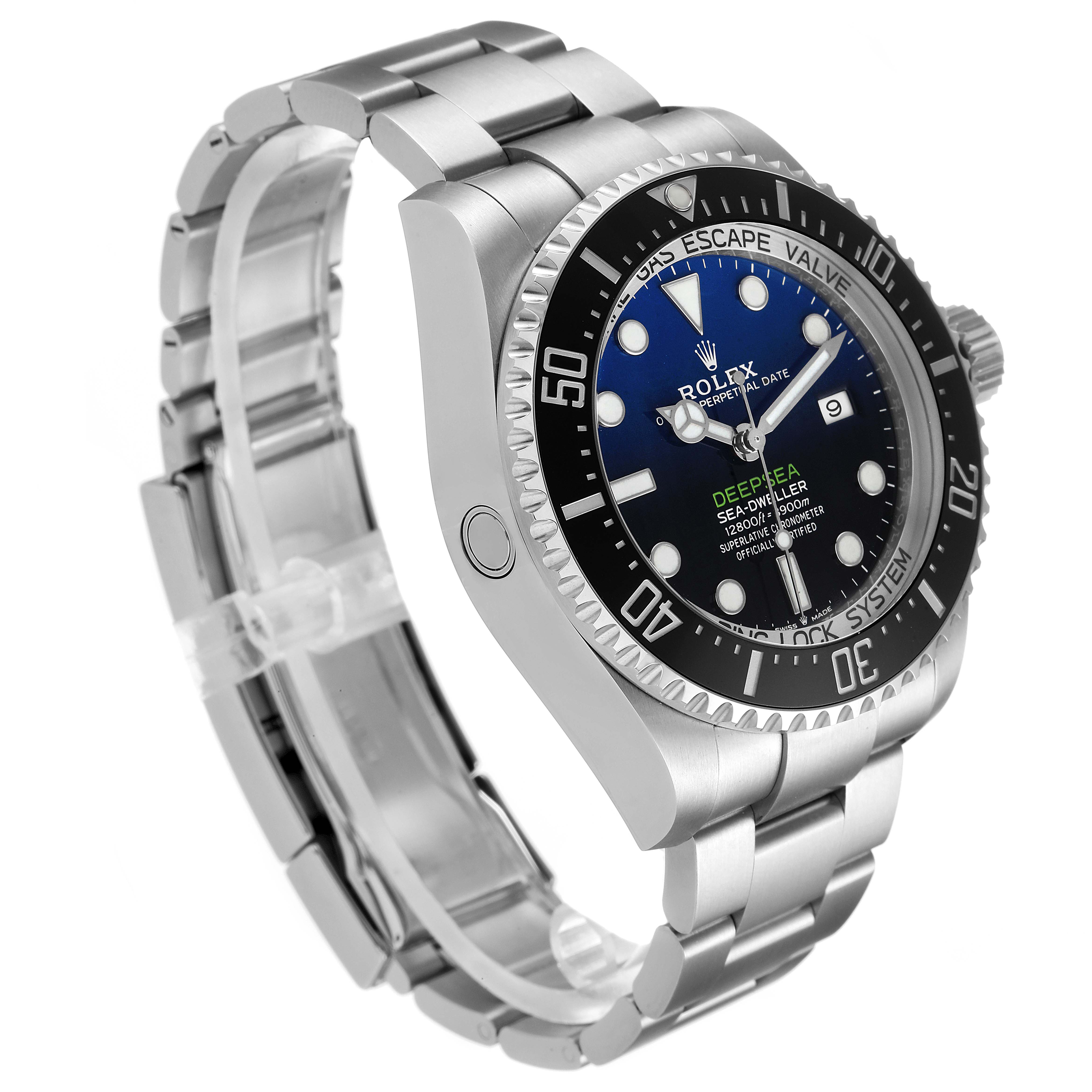 The Rolex Sea-Dweller 126660 Men
s Stainless Steel Blue Dial 126660 Men
s Stainless Steel Blue Dial is shown at an angled side view, highlighting the bezel, dial, crown, and stainless steel bracelet.