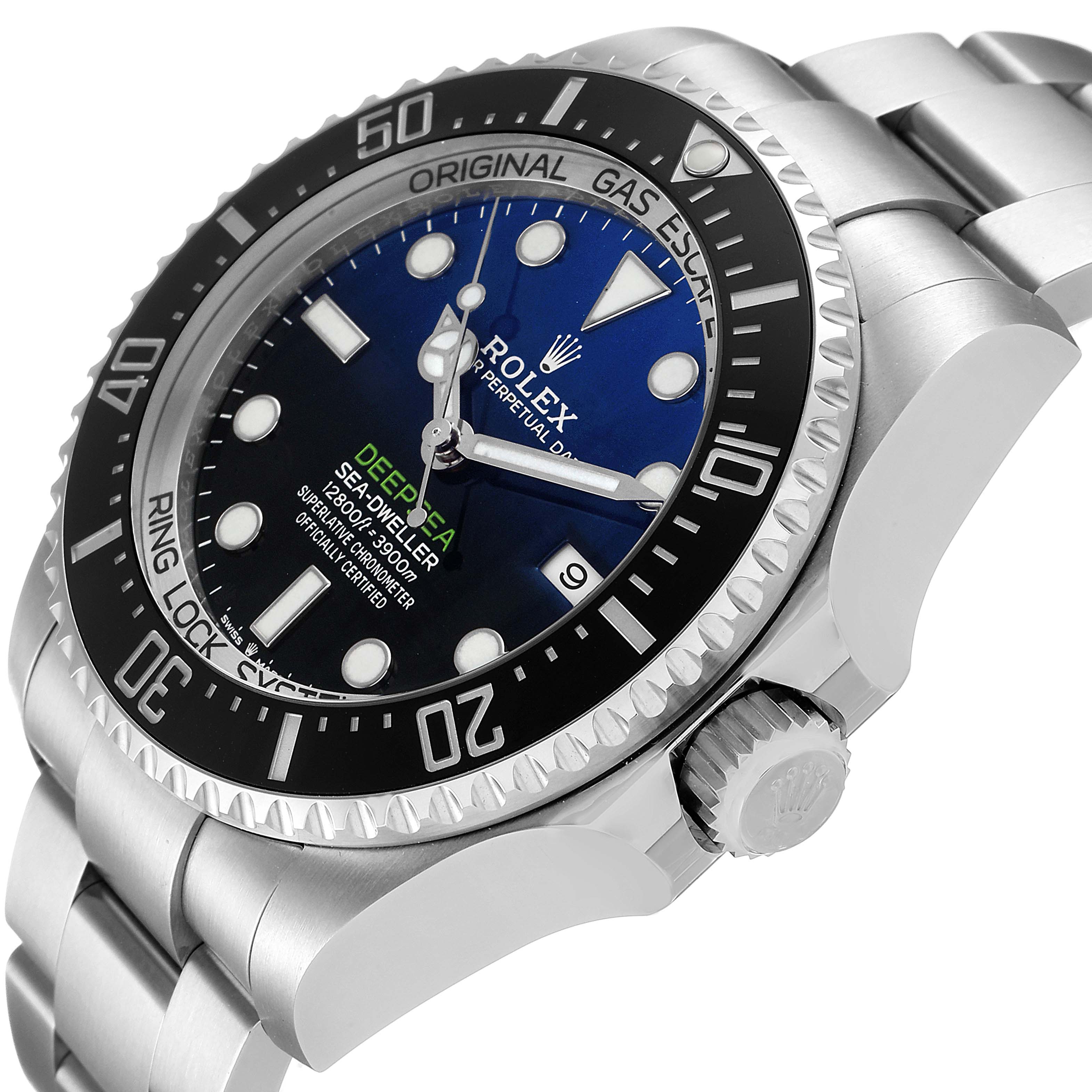 The Rolex Sea-Dweller 126660 Men
s Stainless Steel Blue Dial 126660 Men
s Stainless Steel Blue Dial watch is shown from a slight side angle, highlighting the bezel, crown, and part of the bracelet.