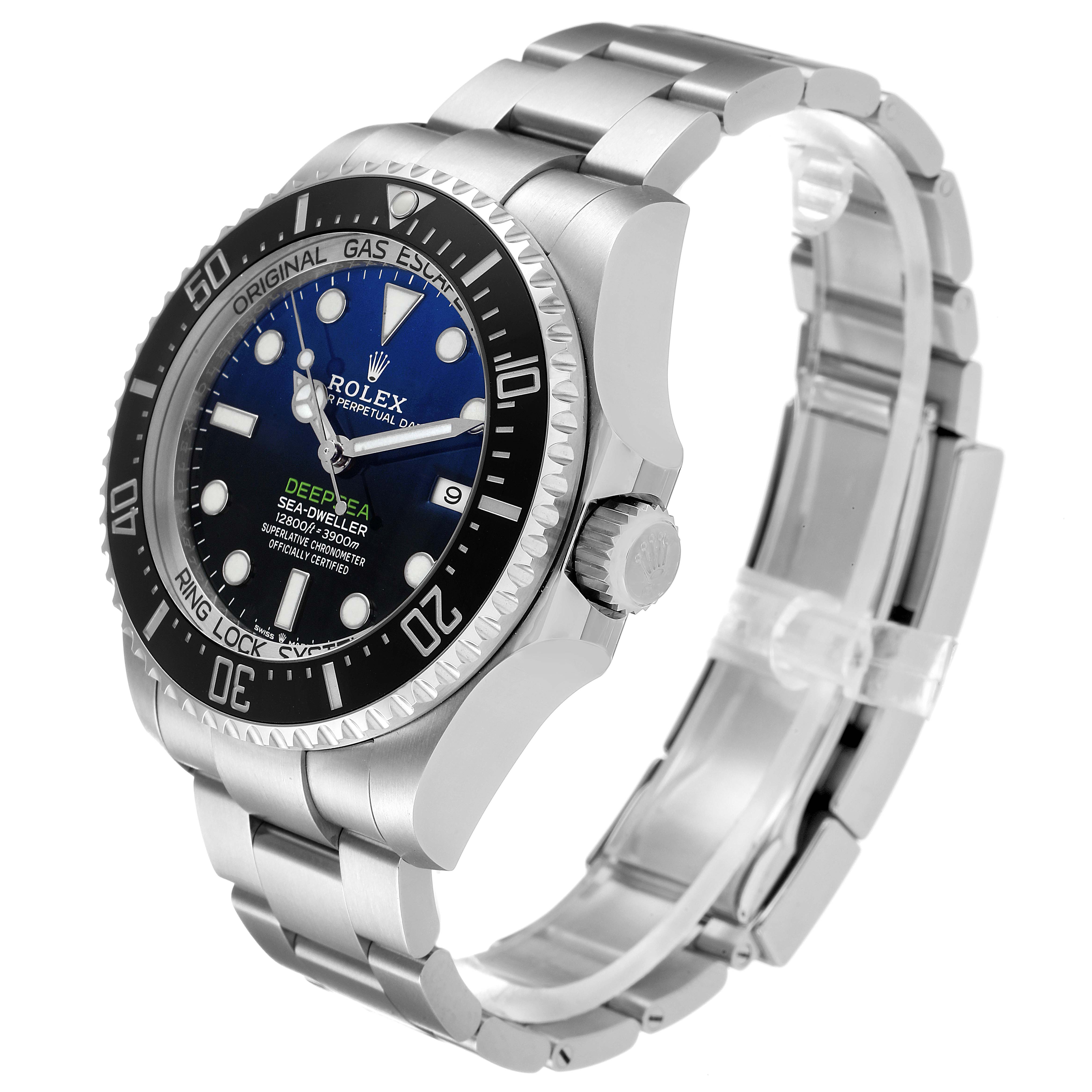 This image shows a side and frontal view of the Rolex Sea-Dweller 126660 Men
s Stainless Steel Blue Dial 126660 Men
s Stainless Steel Blue Dial watch, highlighting its face, bezel, crown, and bracelet.